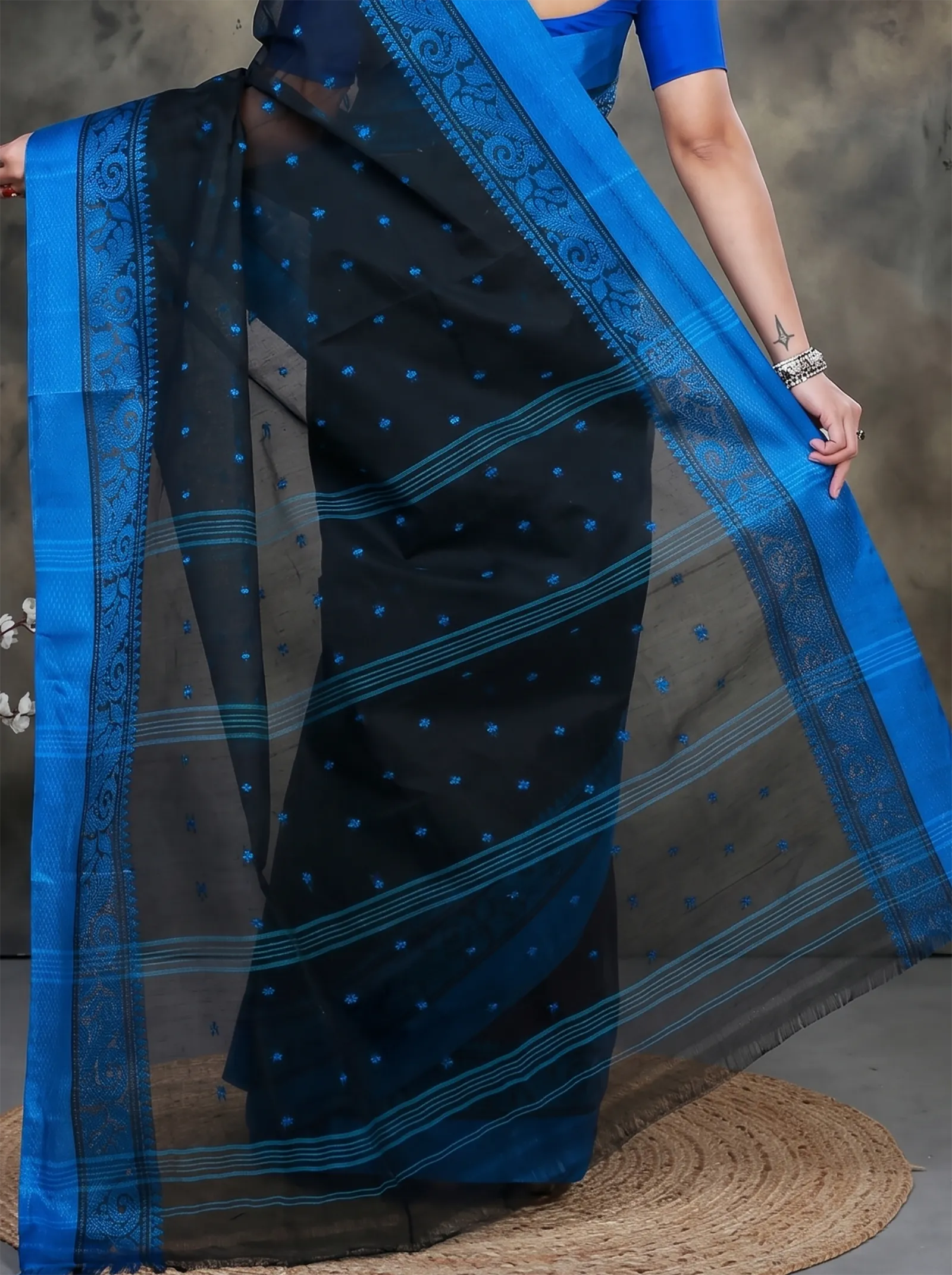DipDiya Pure Cotton  Traditional Bengali Naby Blue Artisan Crafted Sorbori Tant Saree