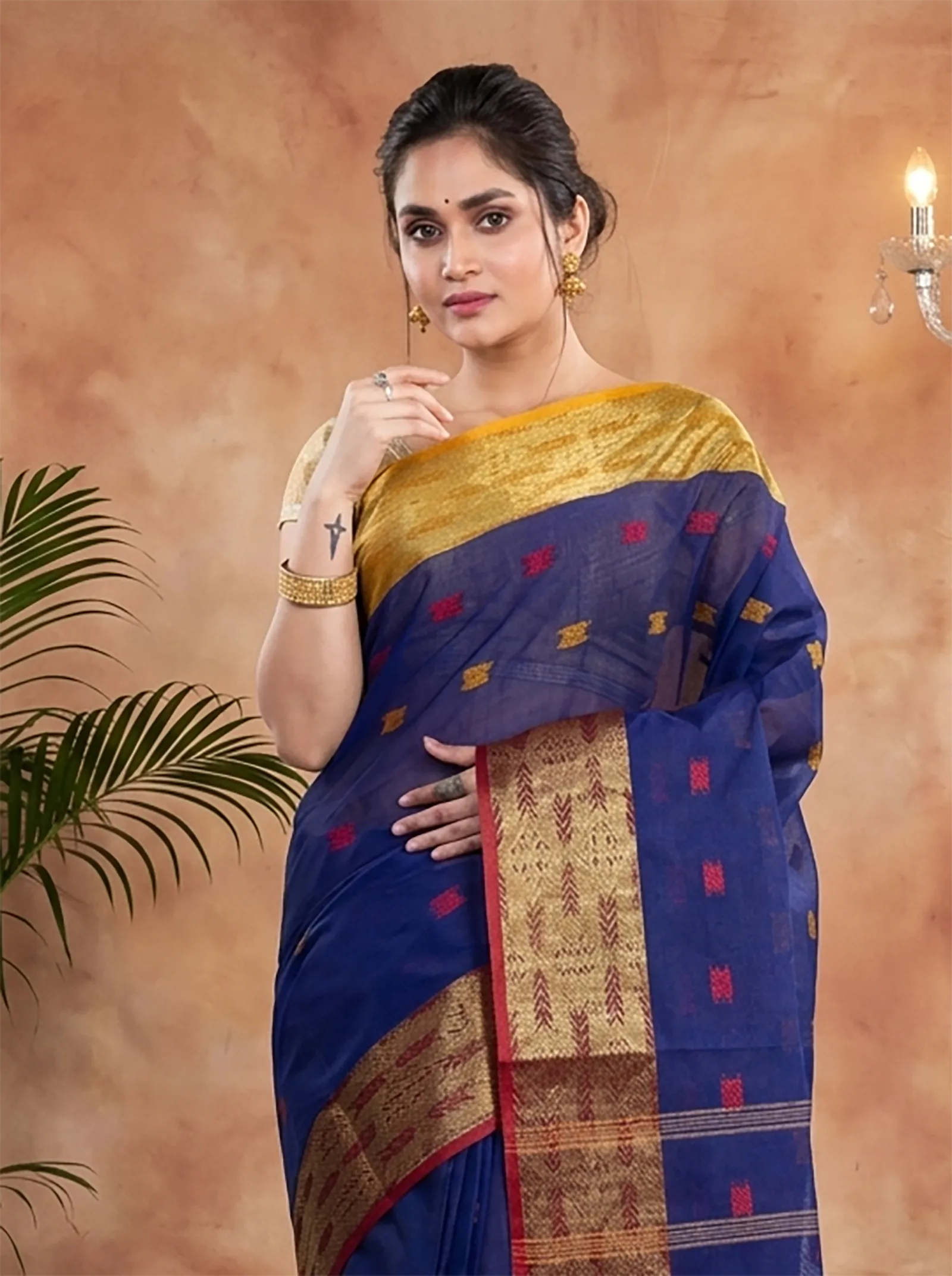 DipDiya Pure Cotton  Traditional Bengali Naby Blue Artisan Crafted SqureButi Tant Saree