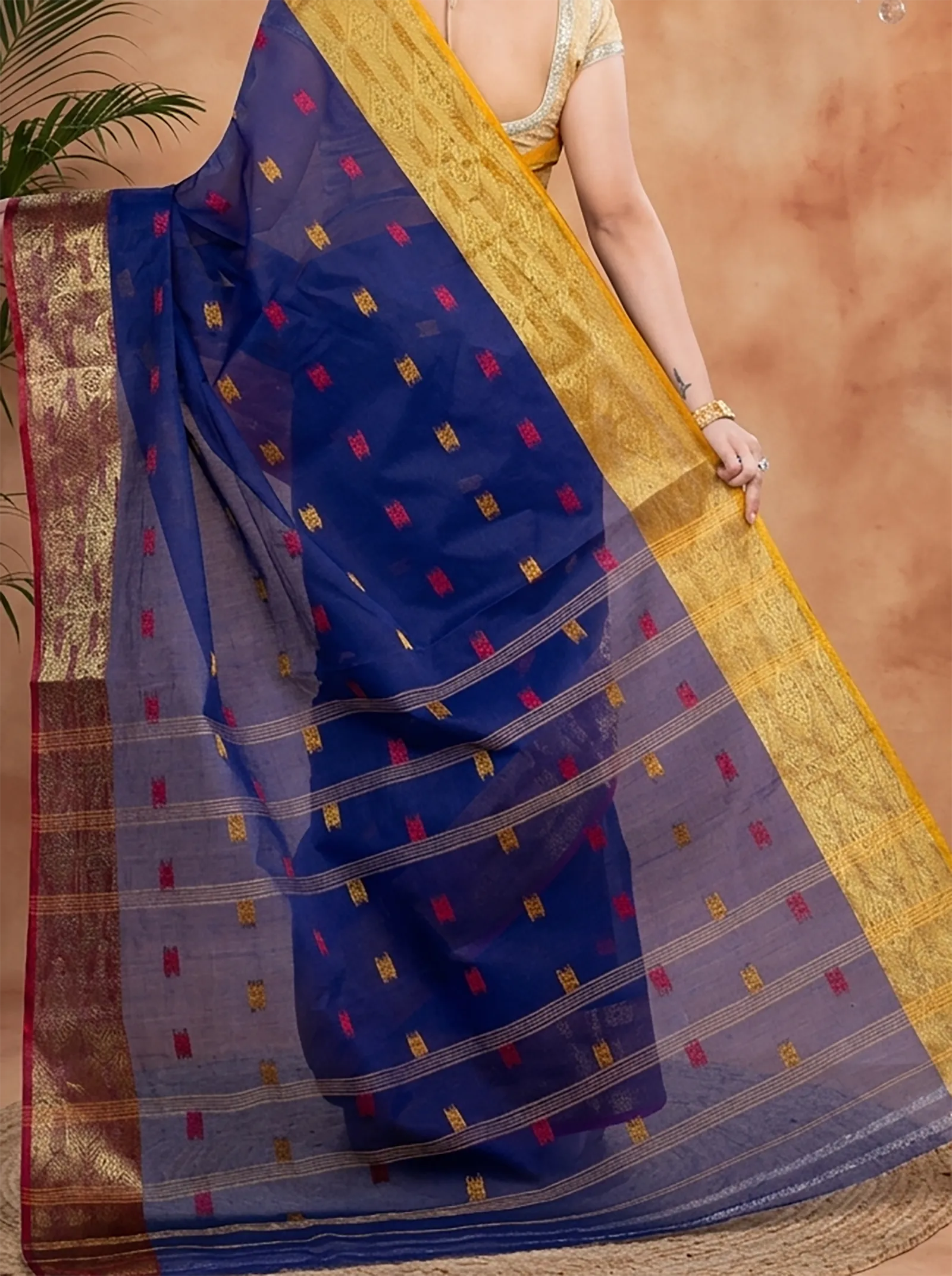 DipDiya Pure Cotton  Traditional Bengali Naby Blue Artisan Crafted SqureButi Tant Saree