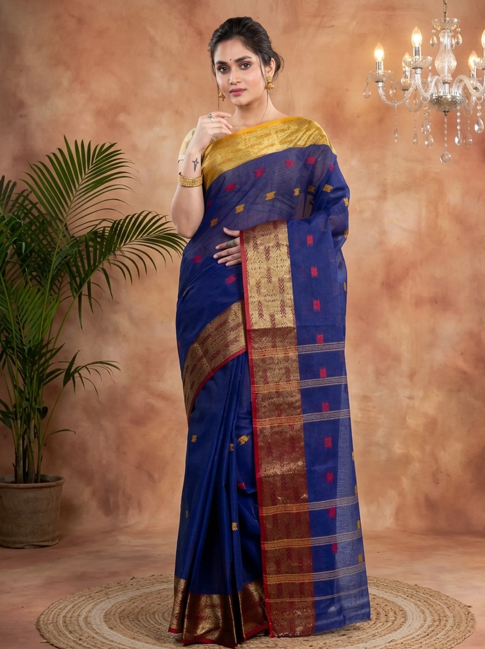 DipDiya Pure Cotton  Traditional Bengali Naby Blue Artisan Crafted SqureButi Tant Saree