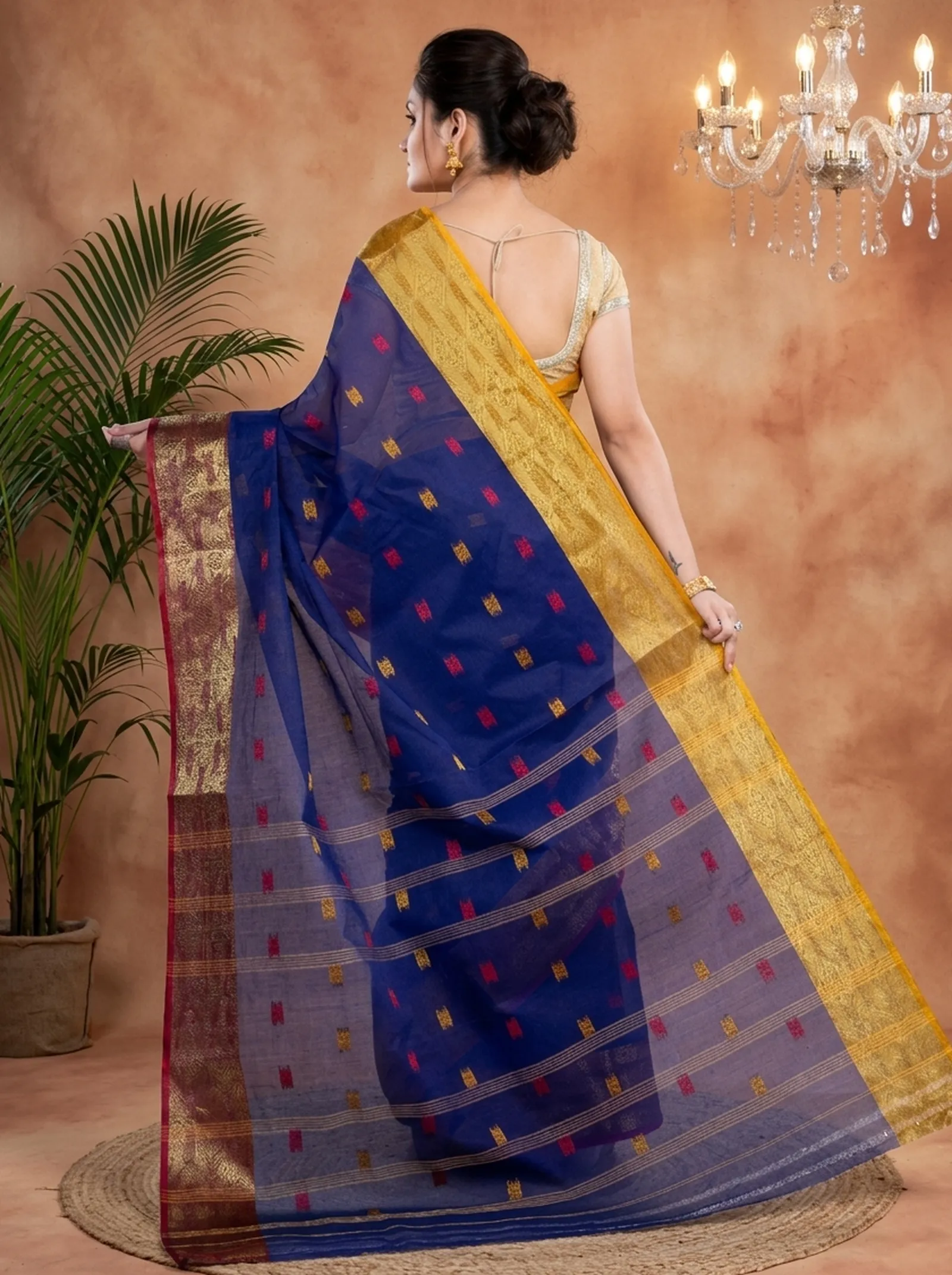 DipDiya Pure Cotton  Traditional Bengali Naby Blue Artisan Crafted SqureButi Tant Saree