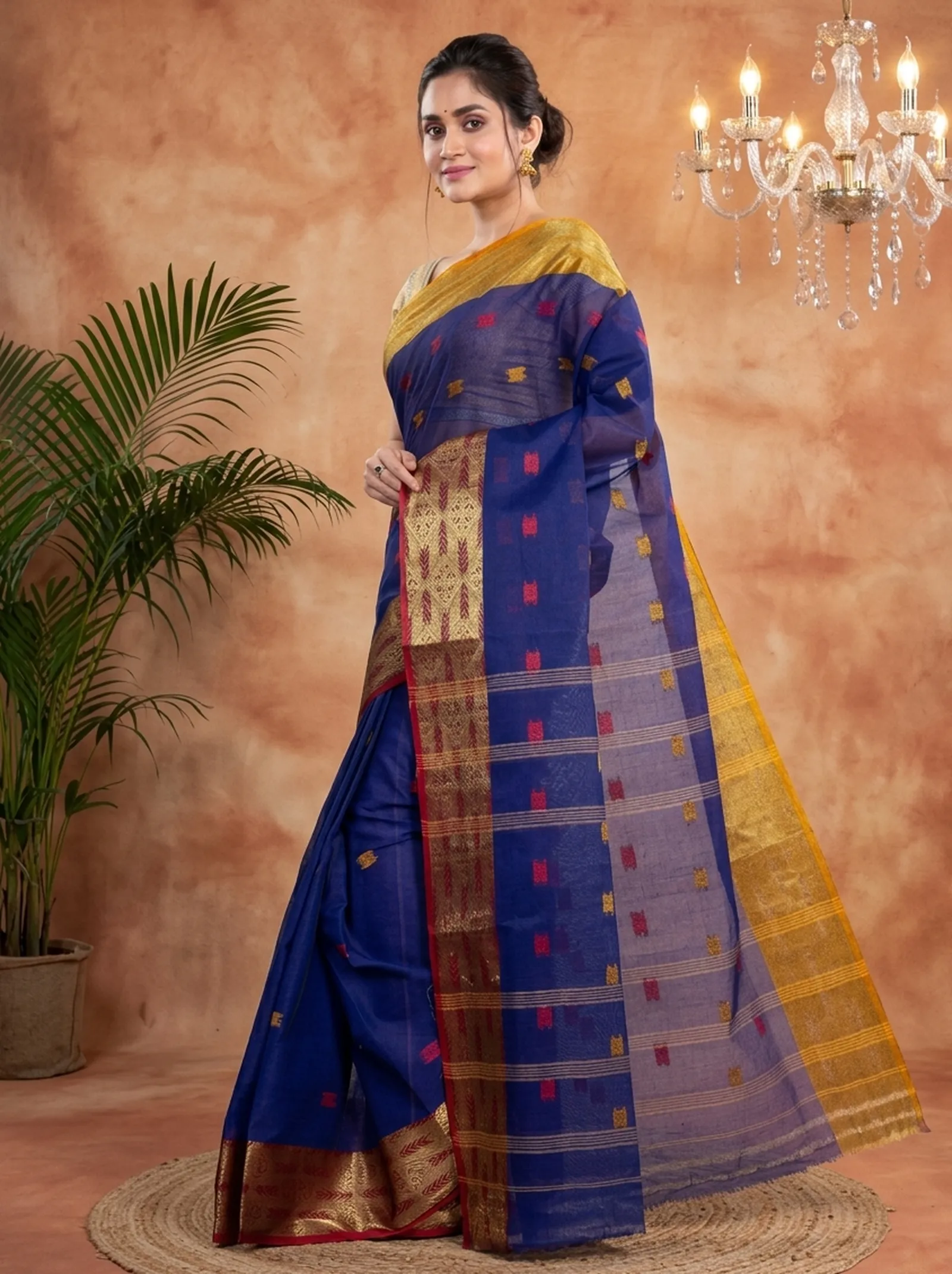 DipDiya Pure Cotton  Traditional Bengali Naby Blue Artisan Crafted SqureButi Tant Saree