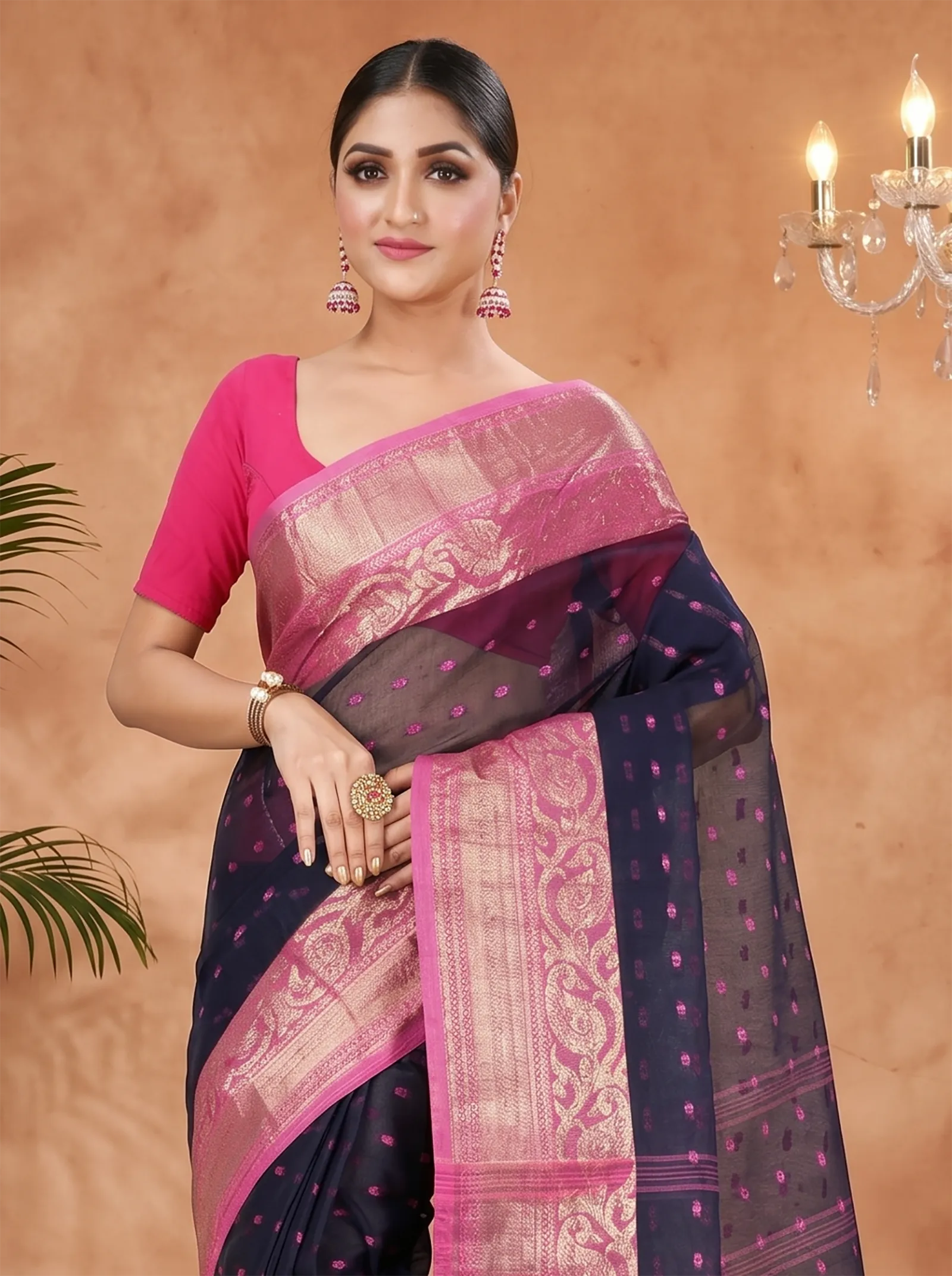 DipDiya Pure Cotton  Traditional Bengali Night Blue Artisan Crafted Sachi Tant Saree