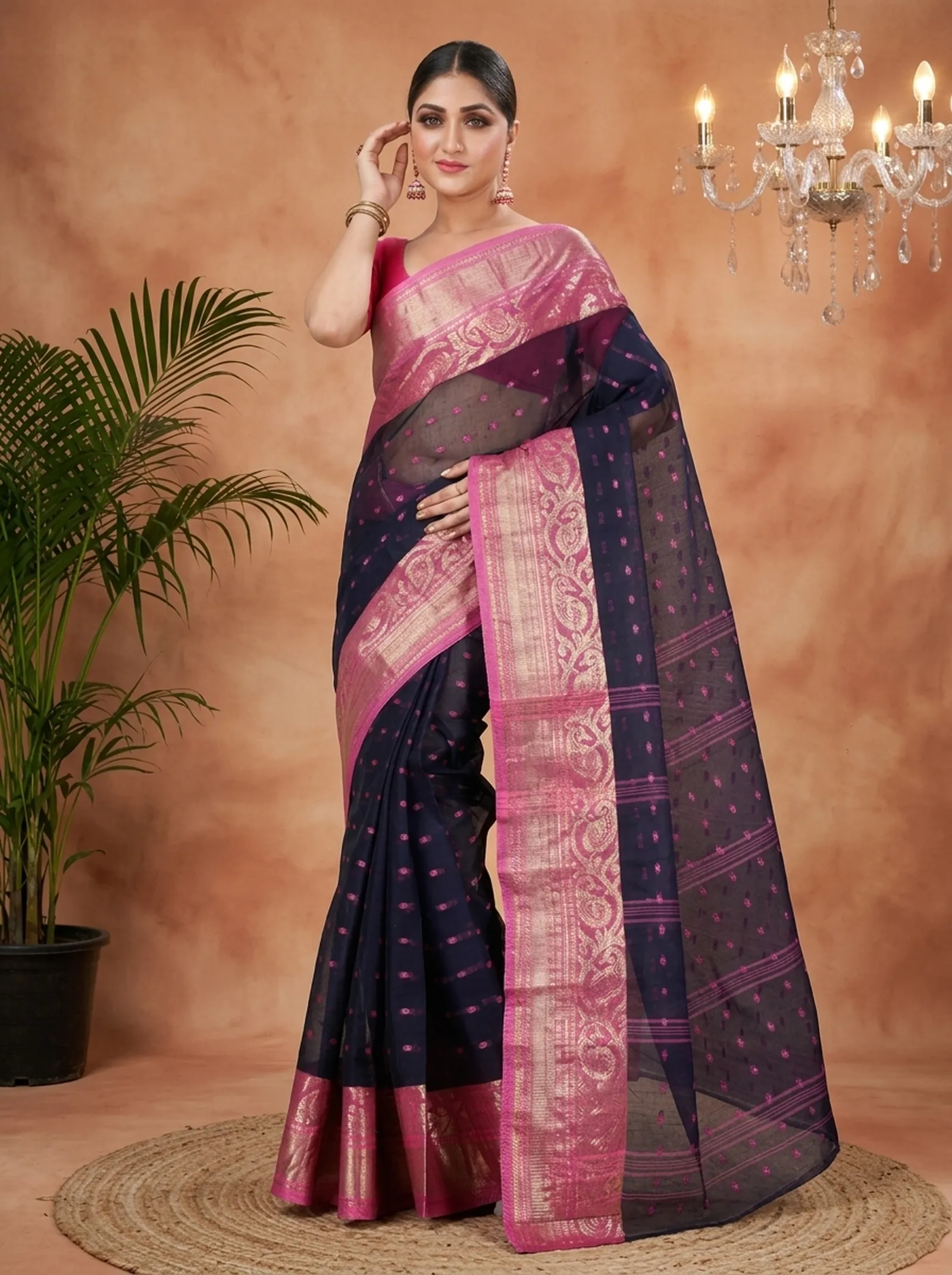 DipDiya Pure Cotton  Traditional Bengali Night Blue Artisan Crafted Sachi Tant Saree