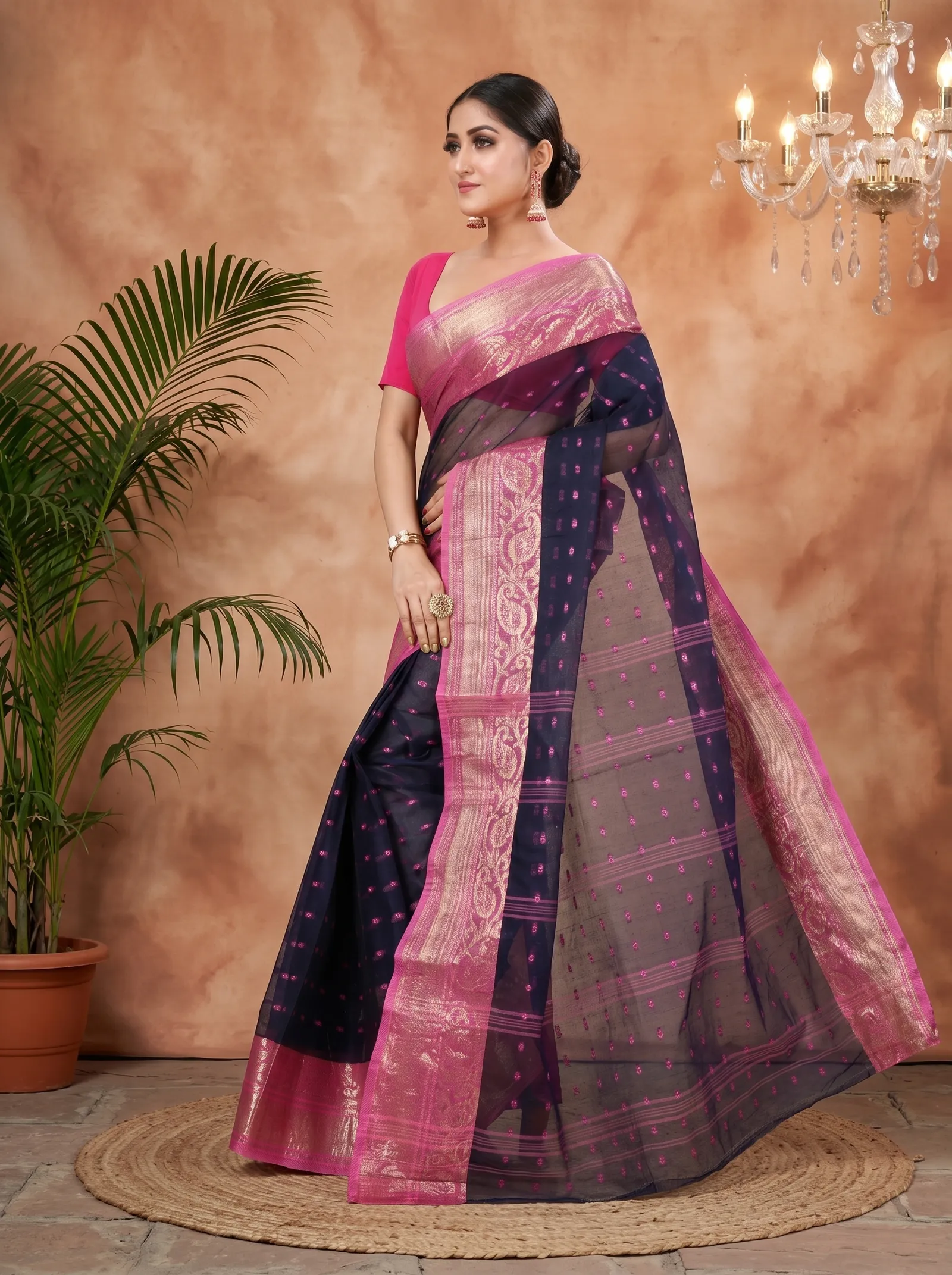 DipDiya Pure Cotton  Traditional Bengali Night Blue Artisan Crafted Sachi Tant Saree