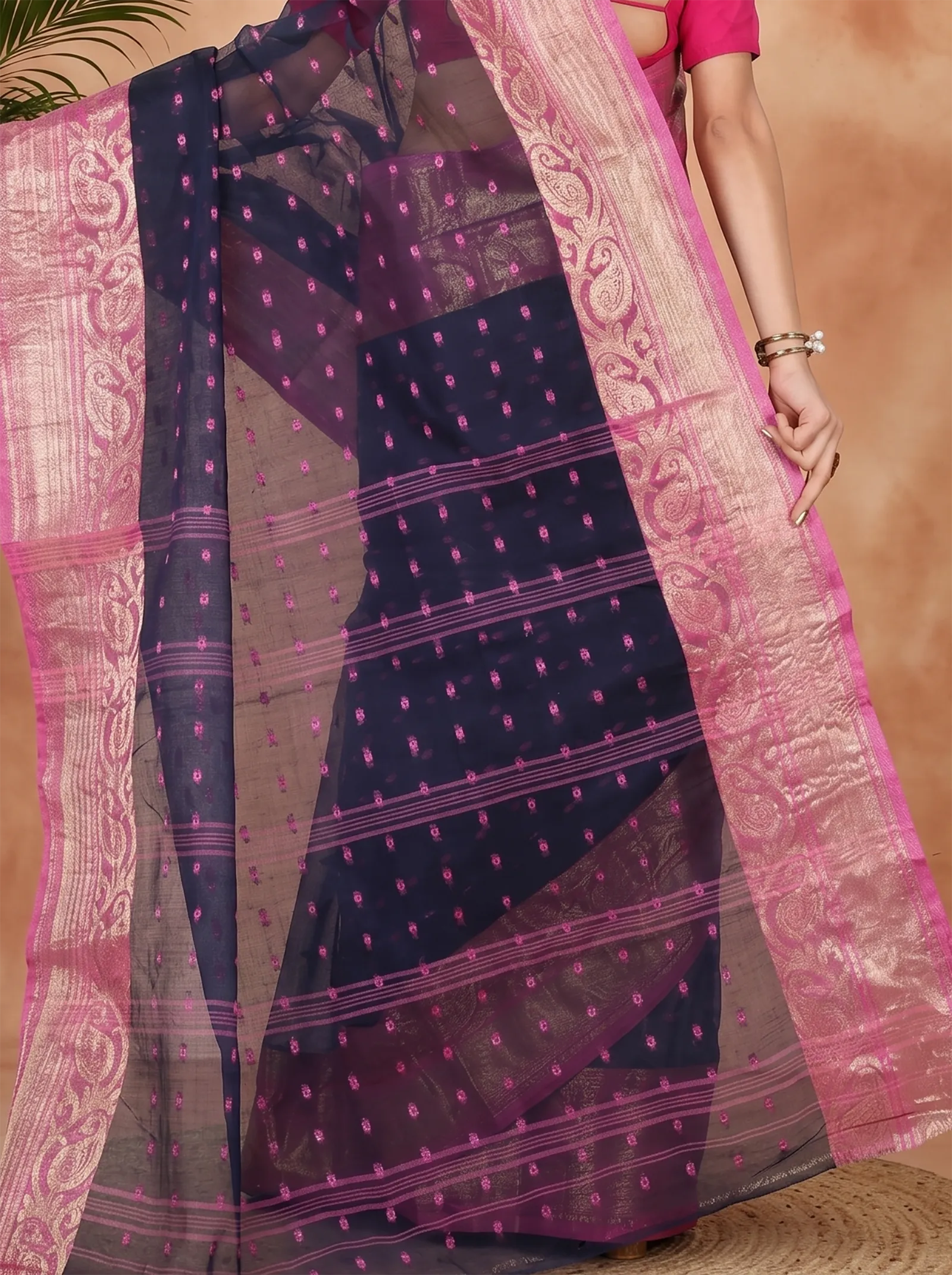 DipDiya Pure Cotton  Traditional Bengali Night Blue Artisan Crafted Sachi Tant Saree