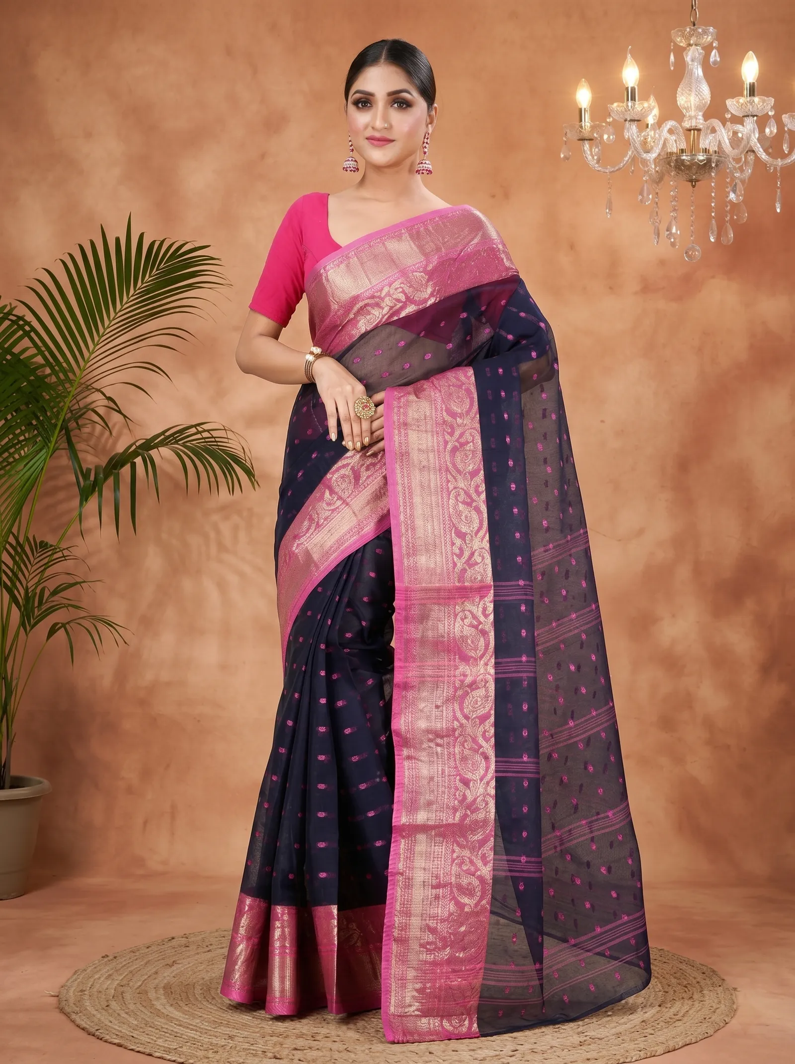 DipDiya Pure Cotton  Traditional Bengali Night Blue Artisan Crafted Sachi Tant Saree