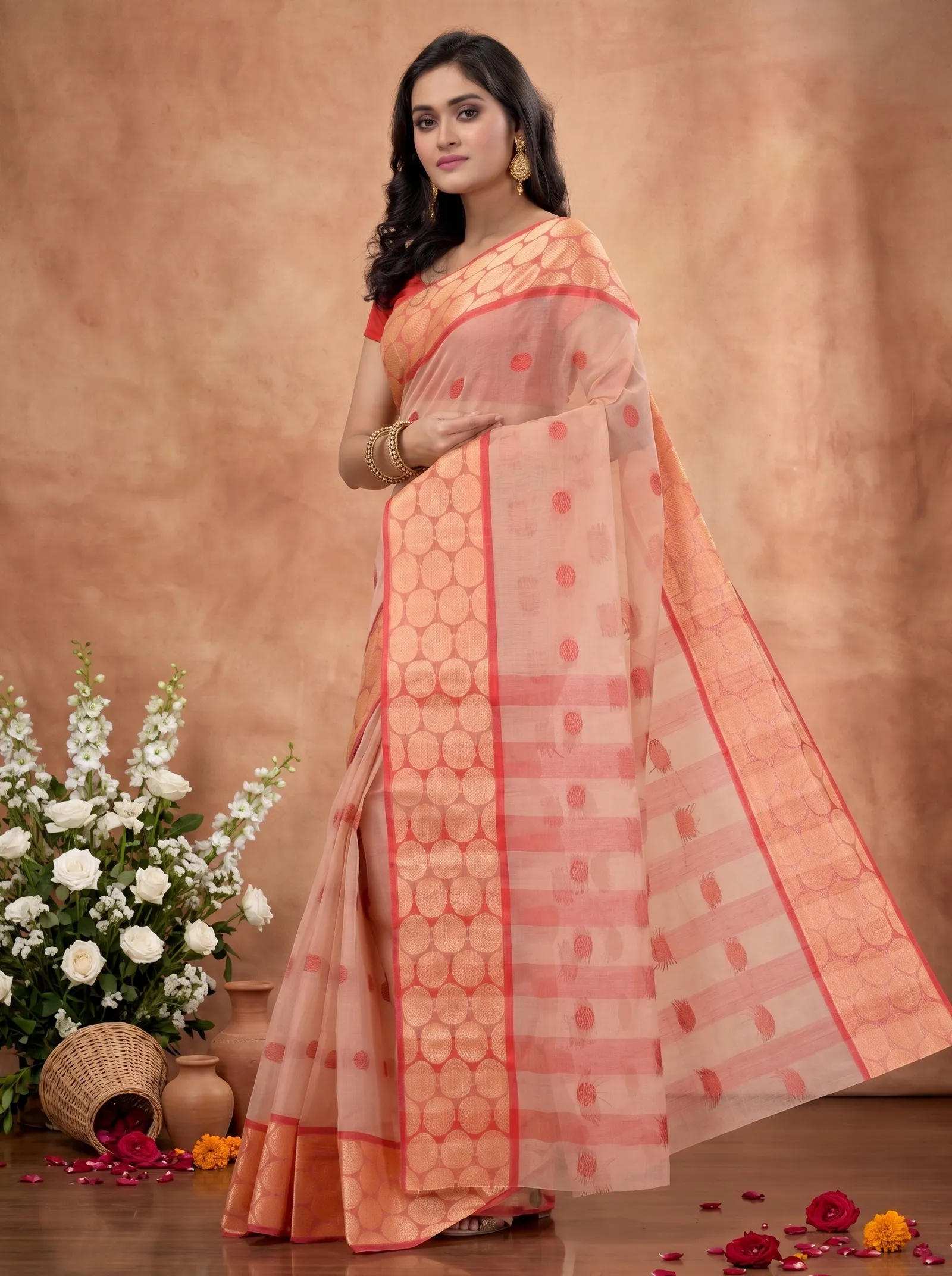 DipDiya Pure Cotton  Traditional Bengali Off-White Artisan Crafted Ganga Jamuna Tant Saree