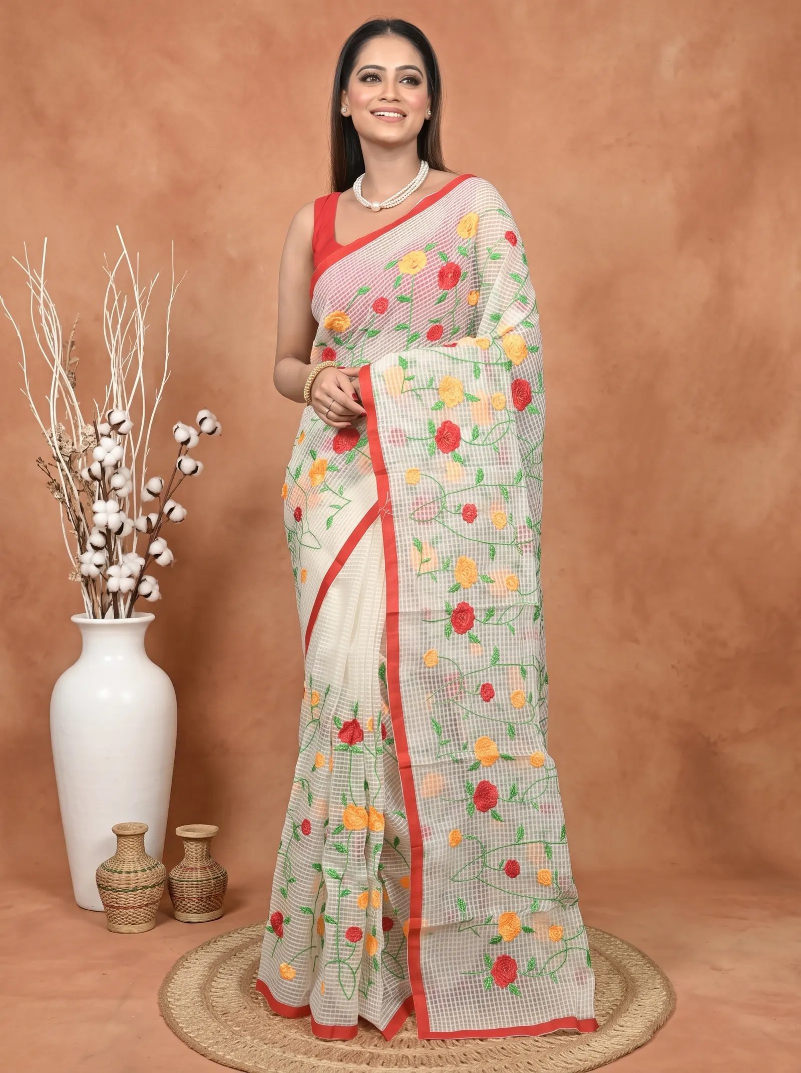 DipDiya Pure Cotton  Traditional Bengali Off-White Artisan Crafted Kotamboo Kota Embroidery Saree