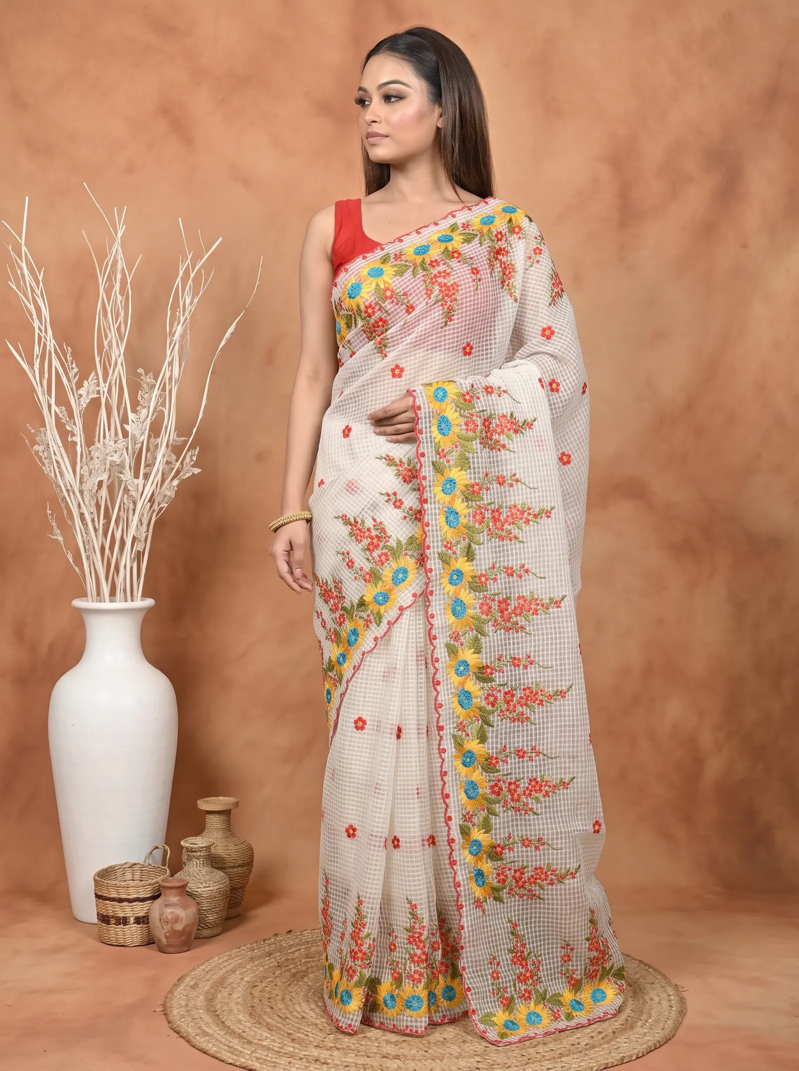 DipDiya Pure Cotton  Traditional Bengali Off White Artisan Crafted Kotambo Kota Embroidery Saree