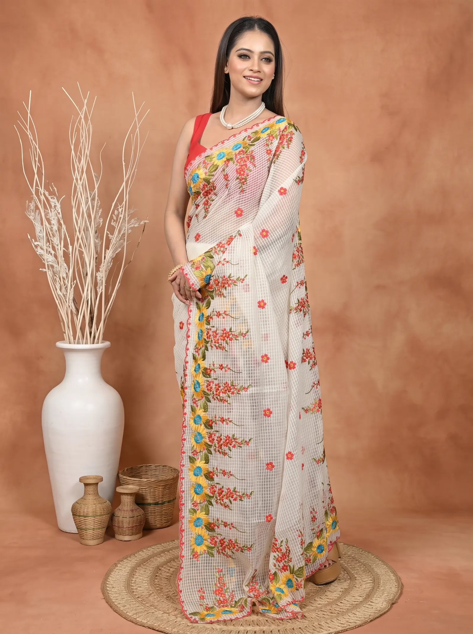 DipDiya Pure Cotton  Traditional Bengali Off White Artisan Crafted Kotambo Kota Embroidery Saree
