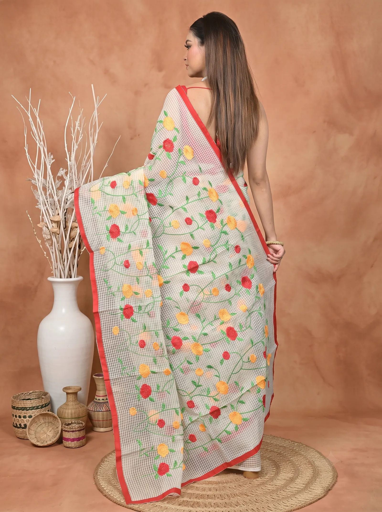 DipDiya Pure Cotton  Traditional Bengali Off-White Artisan Crafted Kotamboo Kota Embroidery Saree