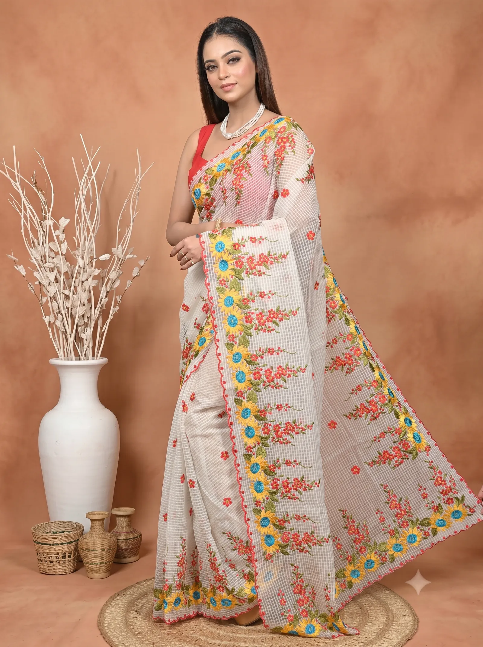 DipDiya Pure Cotton  Traditional Bengali Off White Artisan Crafted Kotambo Kota Embroidery Saree
