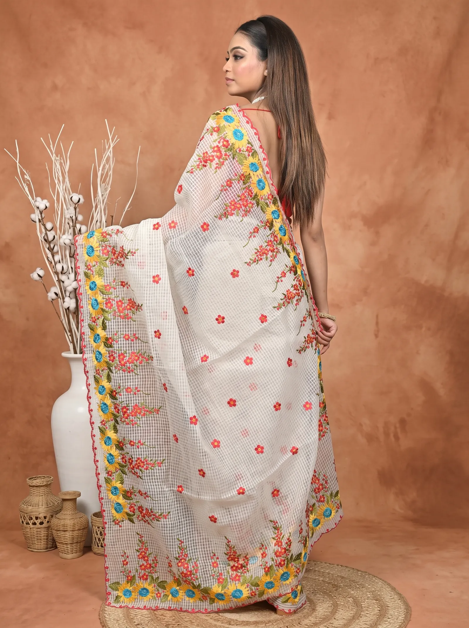DipDiya Pure Cotton  Traditional Bengali Off White Artisan Crafted Kotambo Kota Embroidery Saree