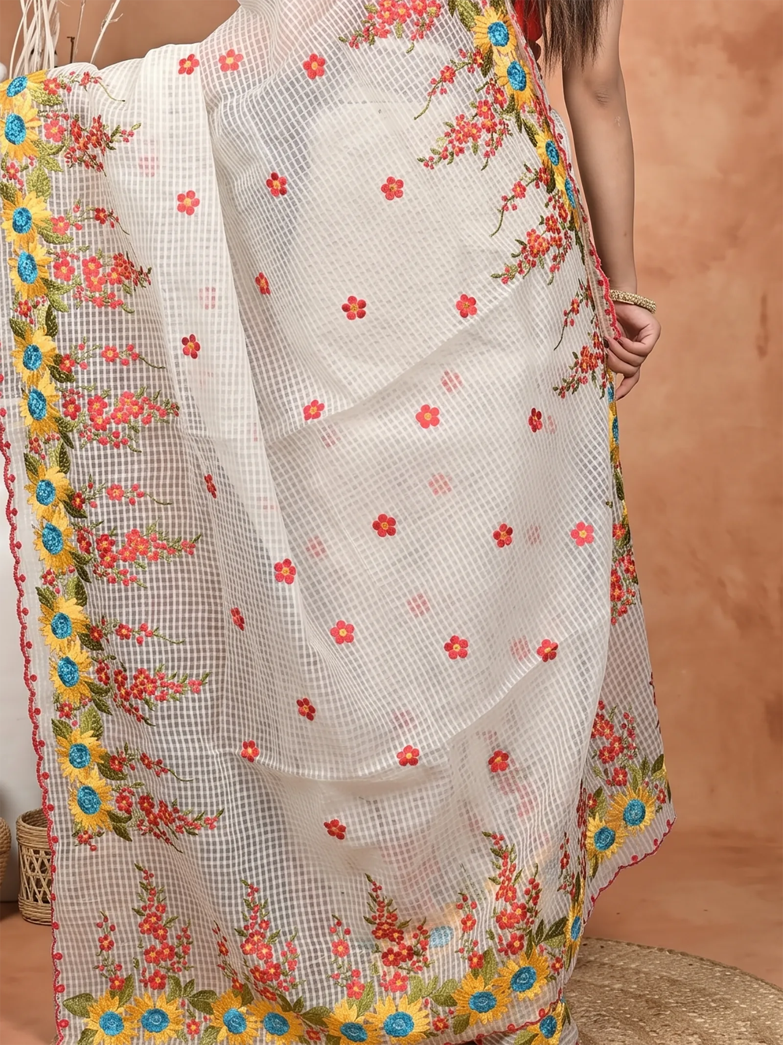 DipDiya Pure Cotton  Traditional Bengali Off White Artisan Crafted Kotambo Kota Embroidery Saree