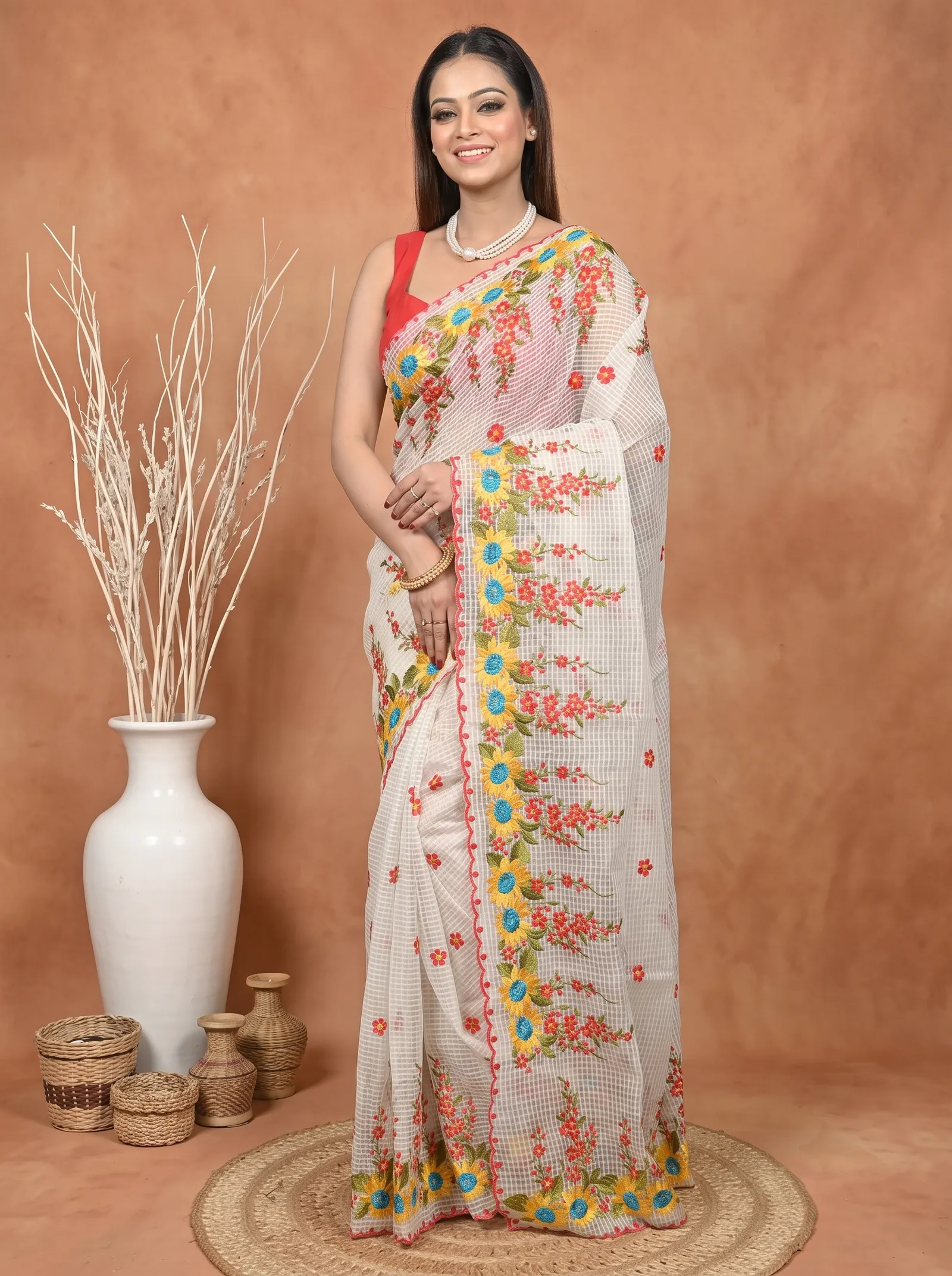 DipDiya Pure Cotton  Traditional Bengali Off White Artisan Crafted Kotambo Kota Embroidery Saree