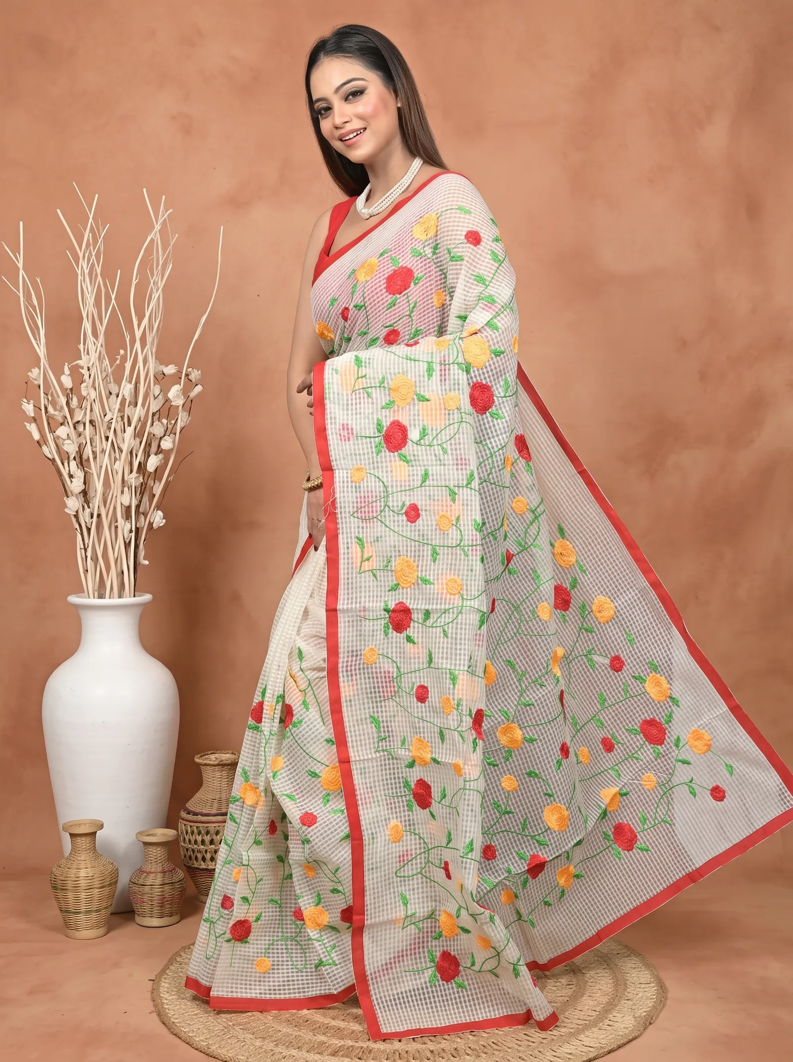 DipDiya Pure Cotton  Traditional Bengali Off-White Artisan Crafted Kotamboo Kota Embroidery Saree