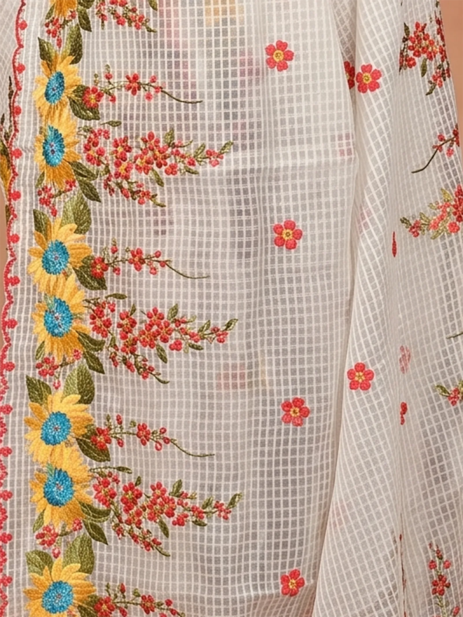 DipDiya Pure Cotton  Traditional Bengali Off White Artisan Crafted Kotambo Kota Embroidery Saree