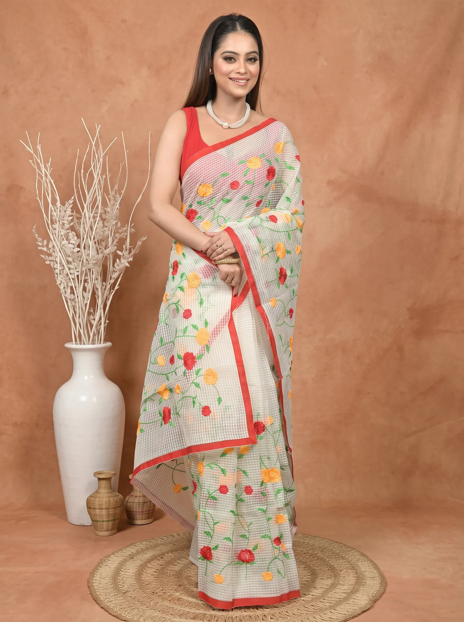 DipDiya Pure Cotton  Traditional Bengali Off-White Artisan Crafted Kotamboo Kota Embroidery Saree