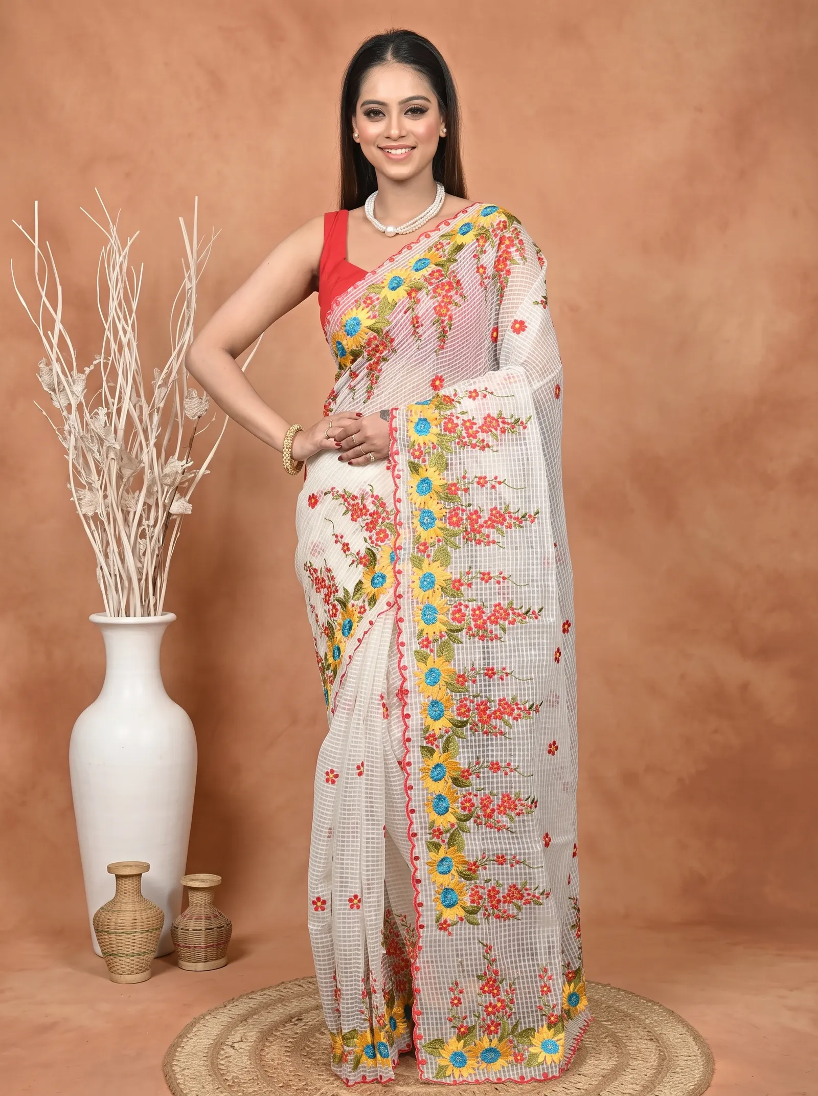 DipDiya Pure Cotton  Traditional Bengali Off White Artisan Crafted Kotambo Kota Embroidery Saree