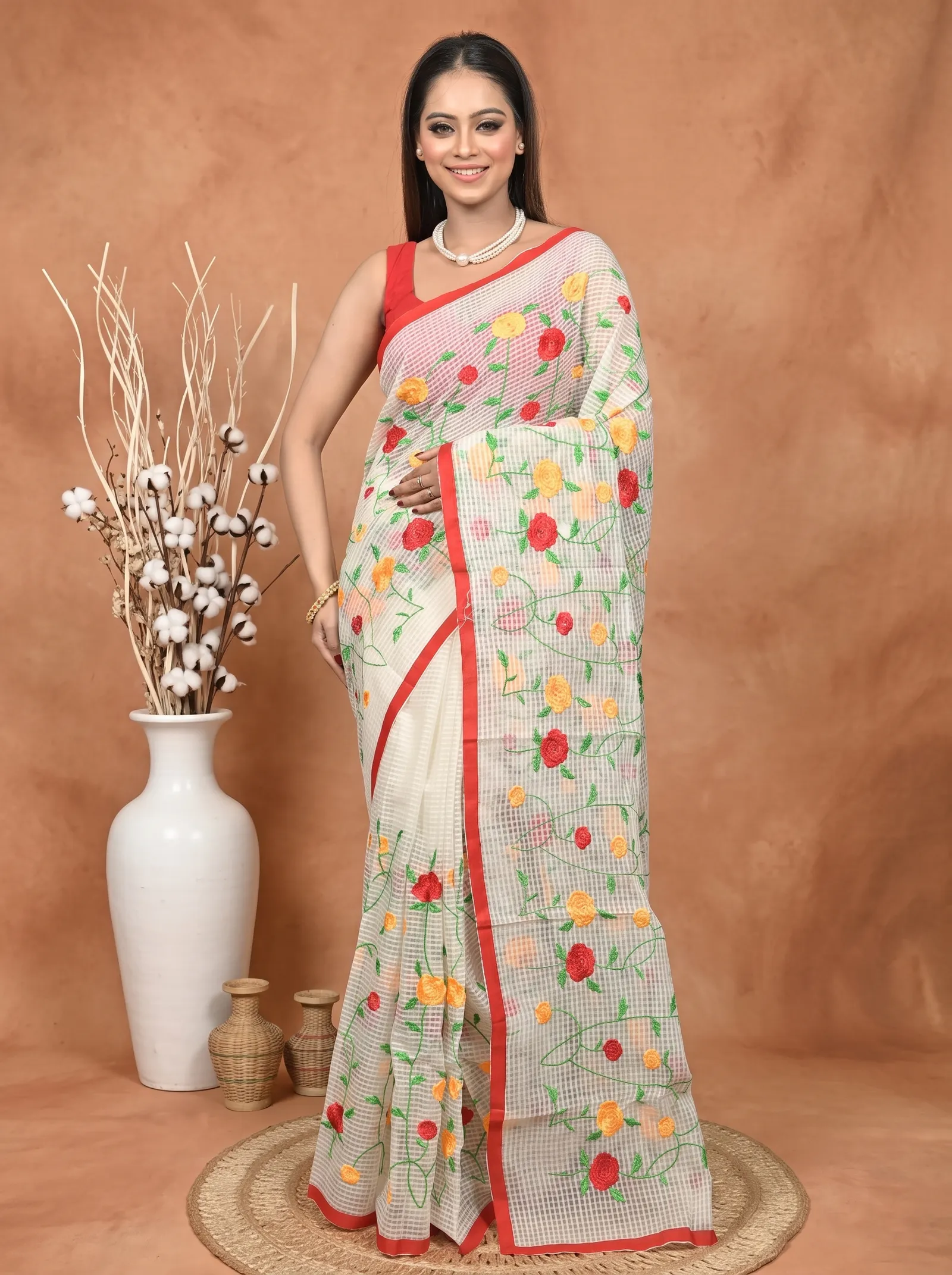 DipDiya Pure Cotton  Traditional Bengali Off-White Artisan Crafted Kotamboo Kota Embroidery Saree