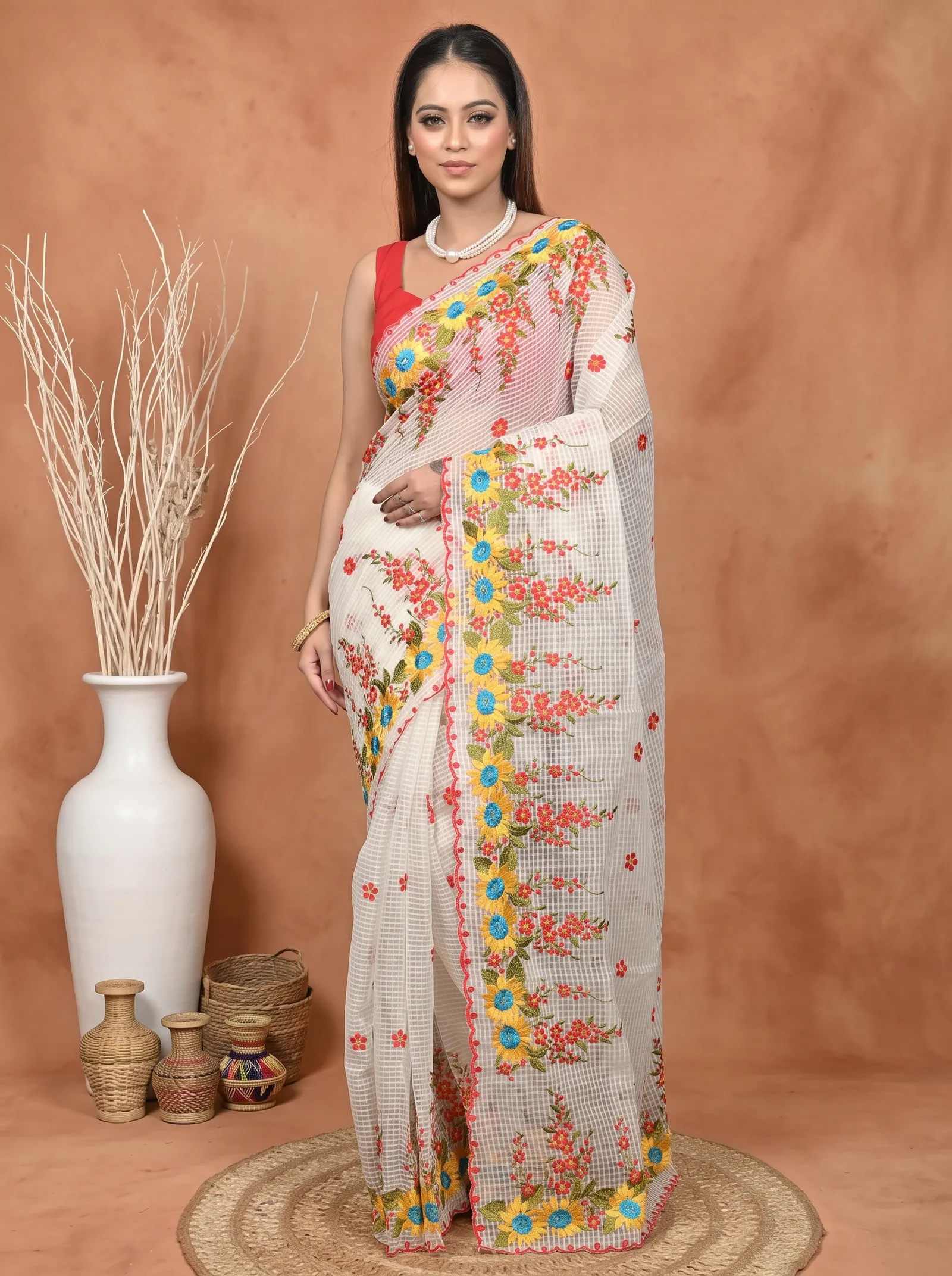 DipDiya Pure Cotton  Traditional Bengali Off White Artisan Crafted Kotambo Kota Embroidery Saree