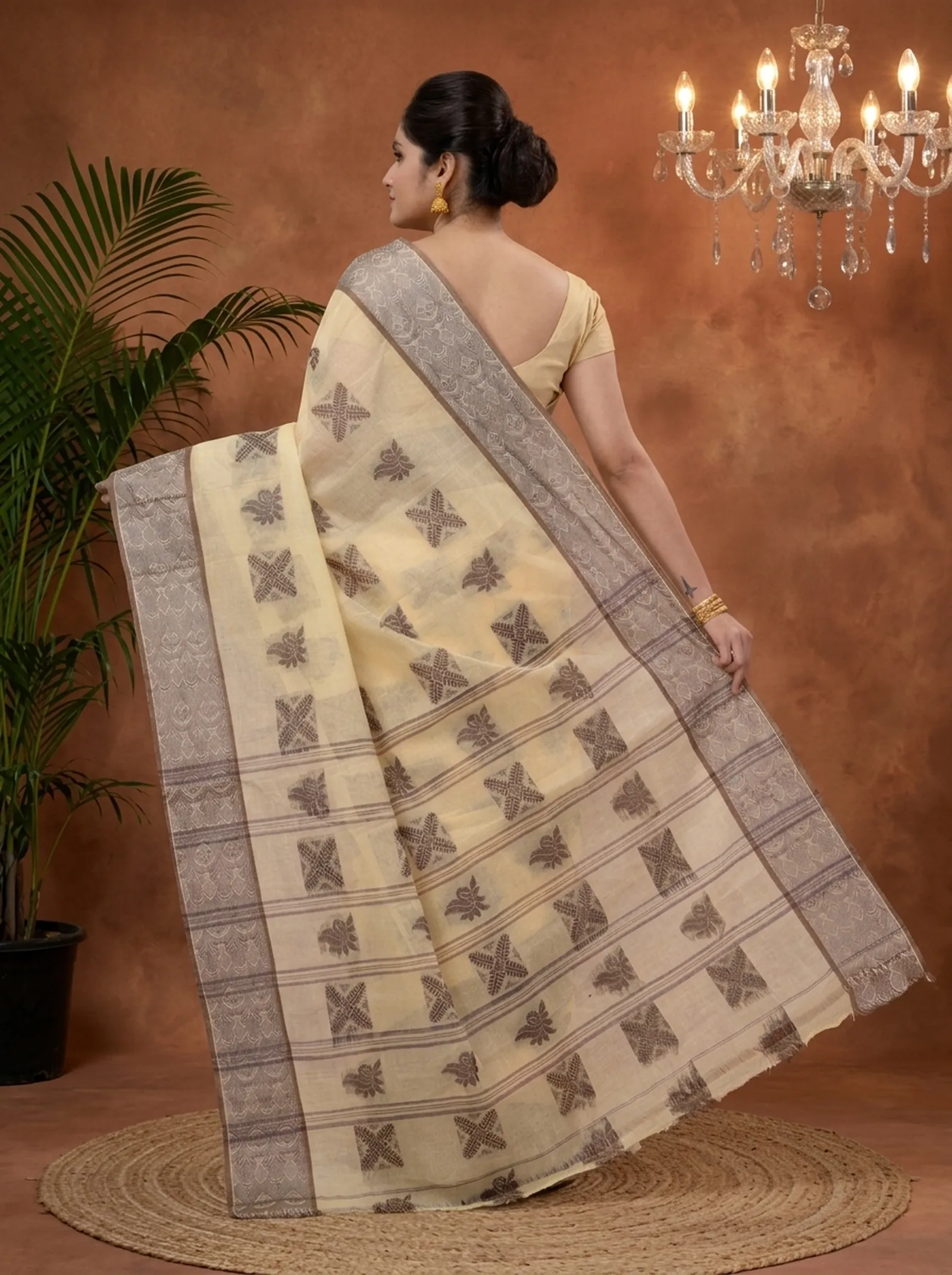 DipDiya Pure Cotton  Traditional Bengali Off-White Artisan Crafted Suparna Buti Tant Saree