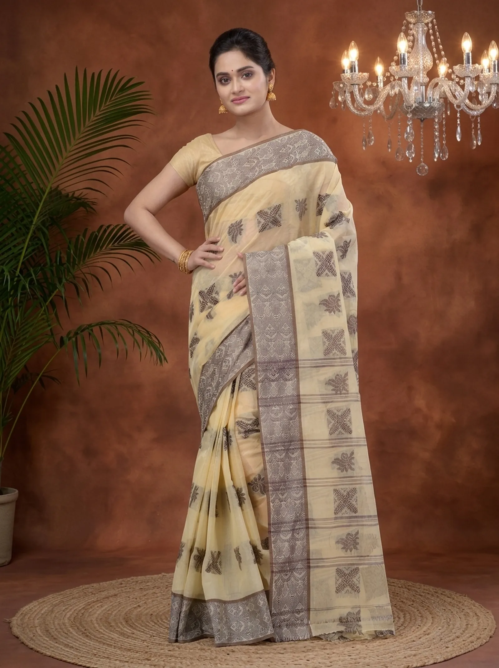 DipDiya Pure Cotton  Traditional Bengali Off-White Artisan Crafted Suparna Buti Tant Saree