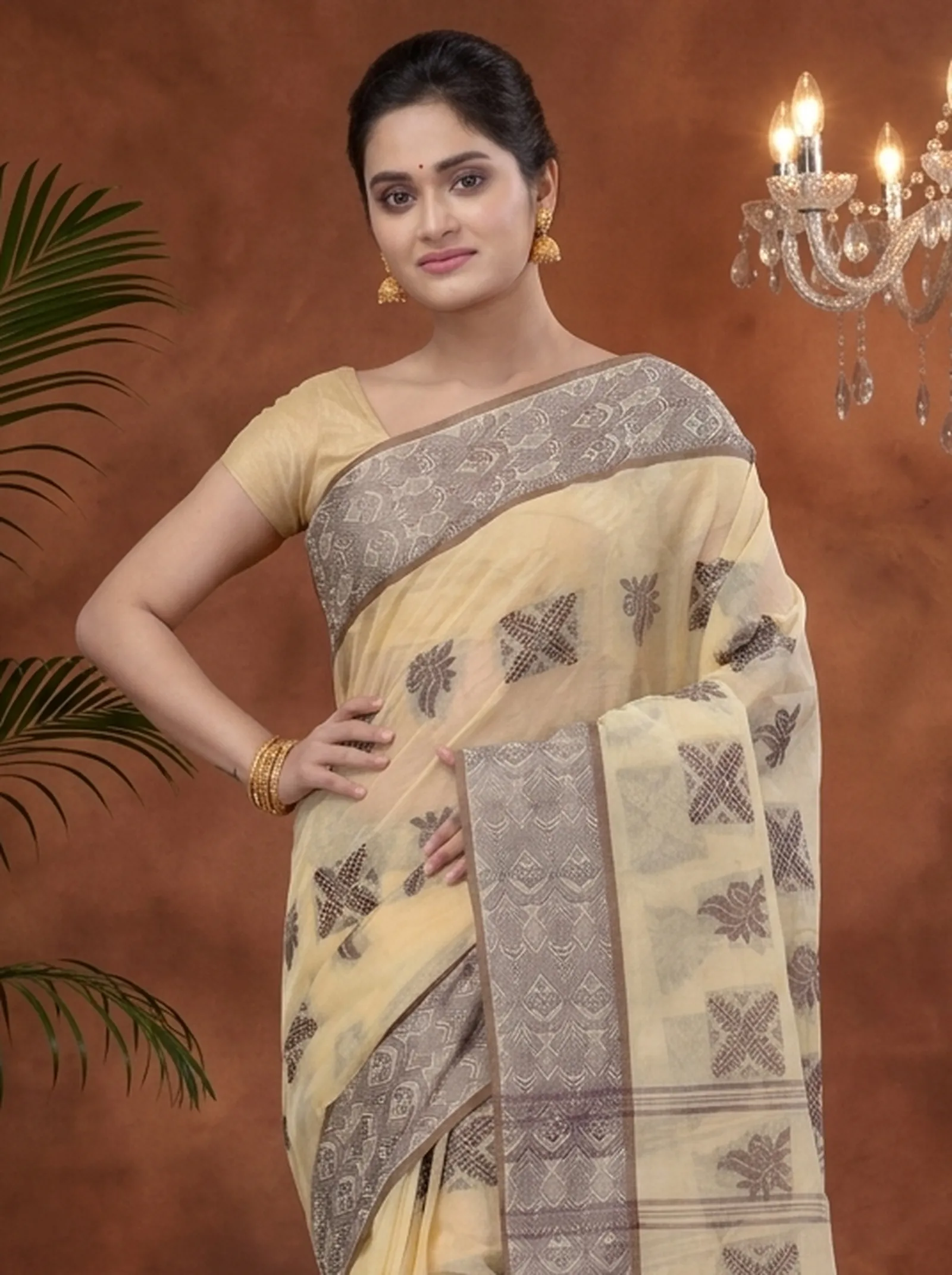 DipDiya Pure Cotton  Traditional Bengali Off-White Artisan Crafted Suparna Buti Tant Saree