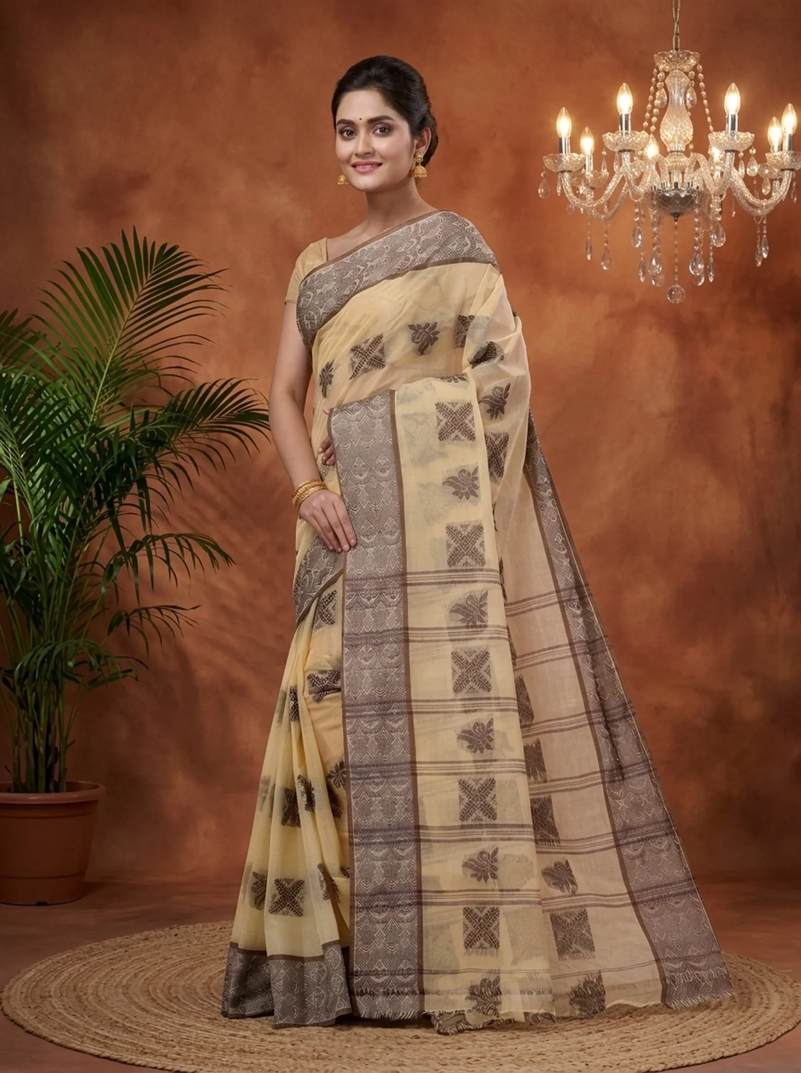 DipDiya Pure Cotton  Traditional Bengali Off-White Artisan Crafted Suparna Buti Tant Saree