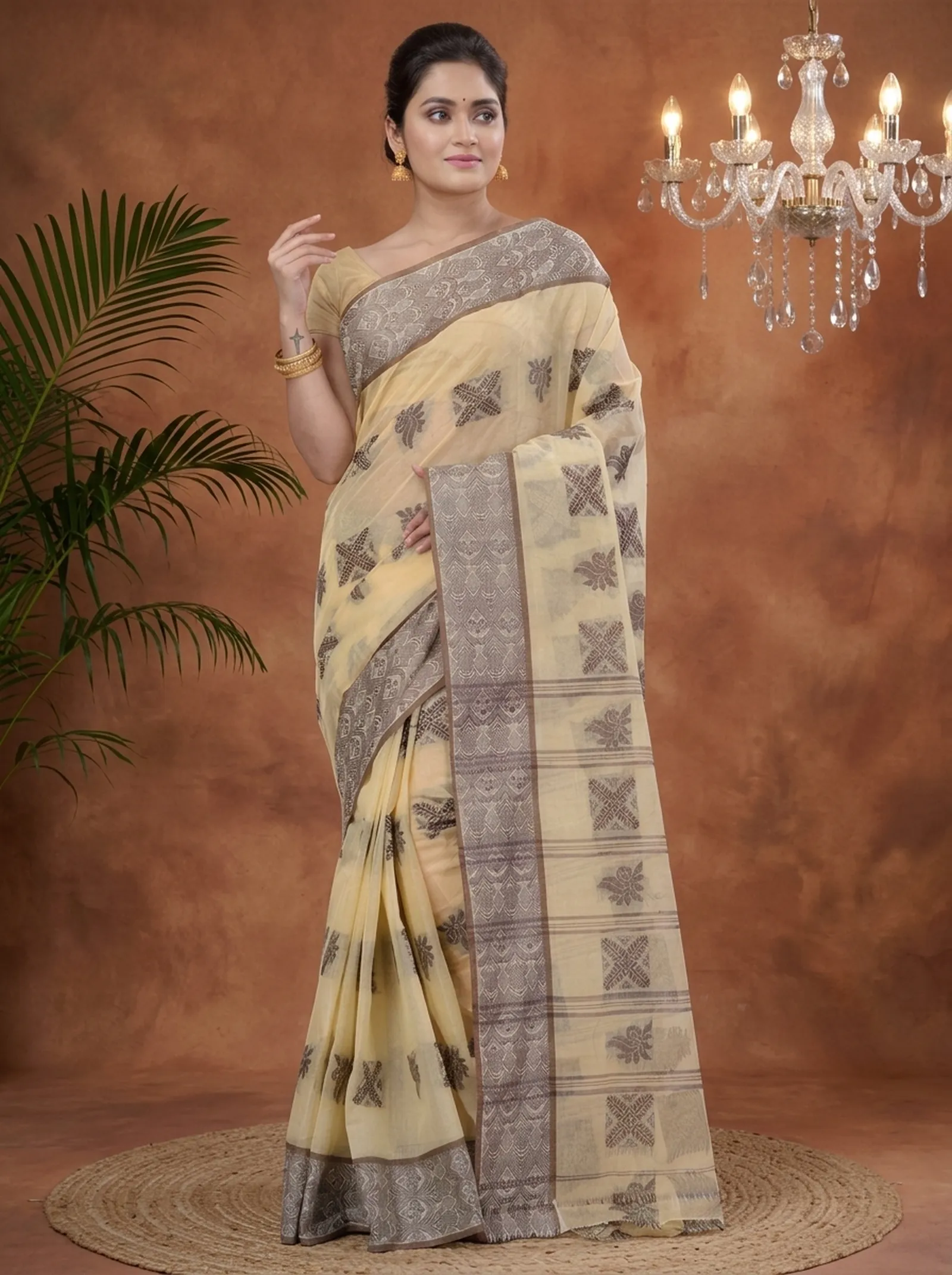 DipDiya Pure Cotton  Traditional Bengali Off-White Artisan Crafted Suparna Buti Tant Saree