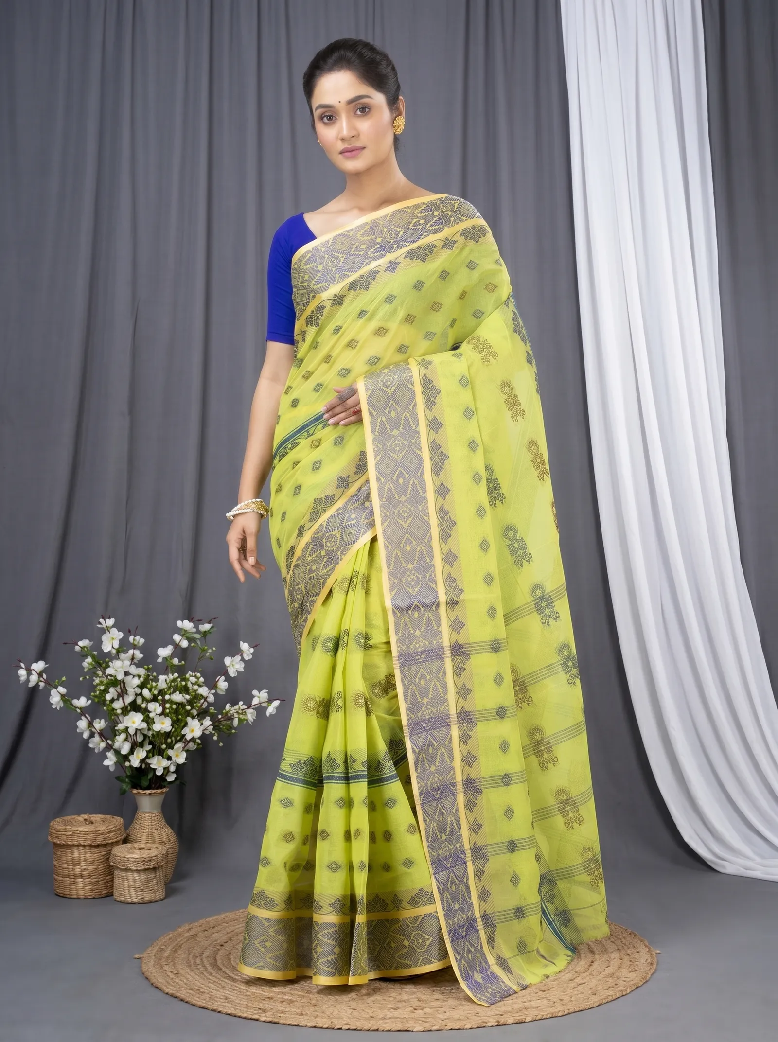 DipDiya Pure Cotton  Traditional Bengali Olive Green Artisan Crafted Ghusoon Tant Saree