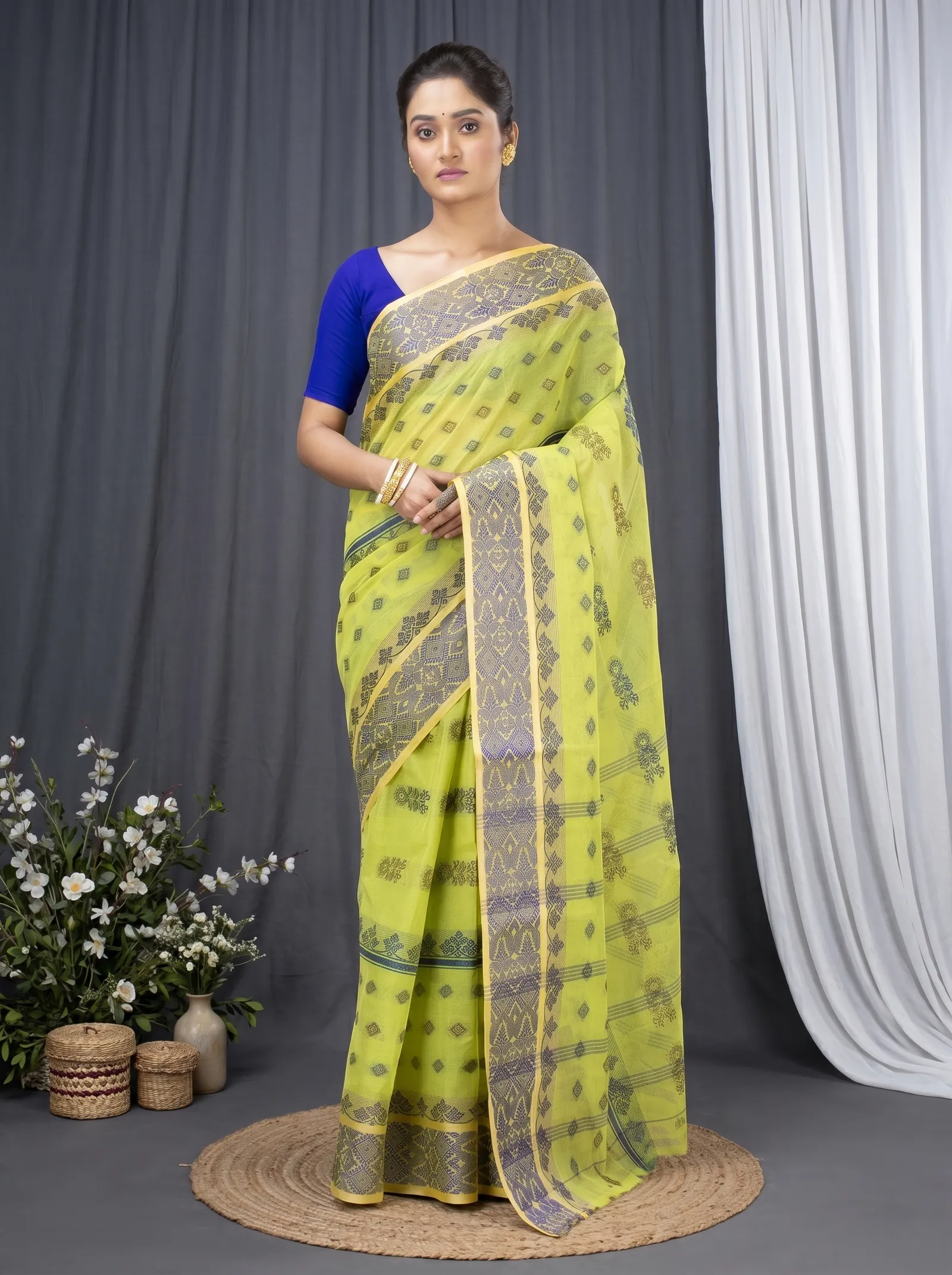 DipDiya Pure Cotton  Traditional Bengali Olive Green Artisan Crafted Ghusoon Tant Saree