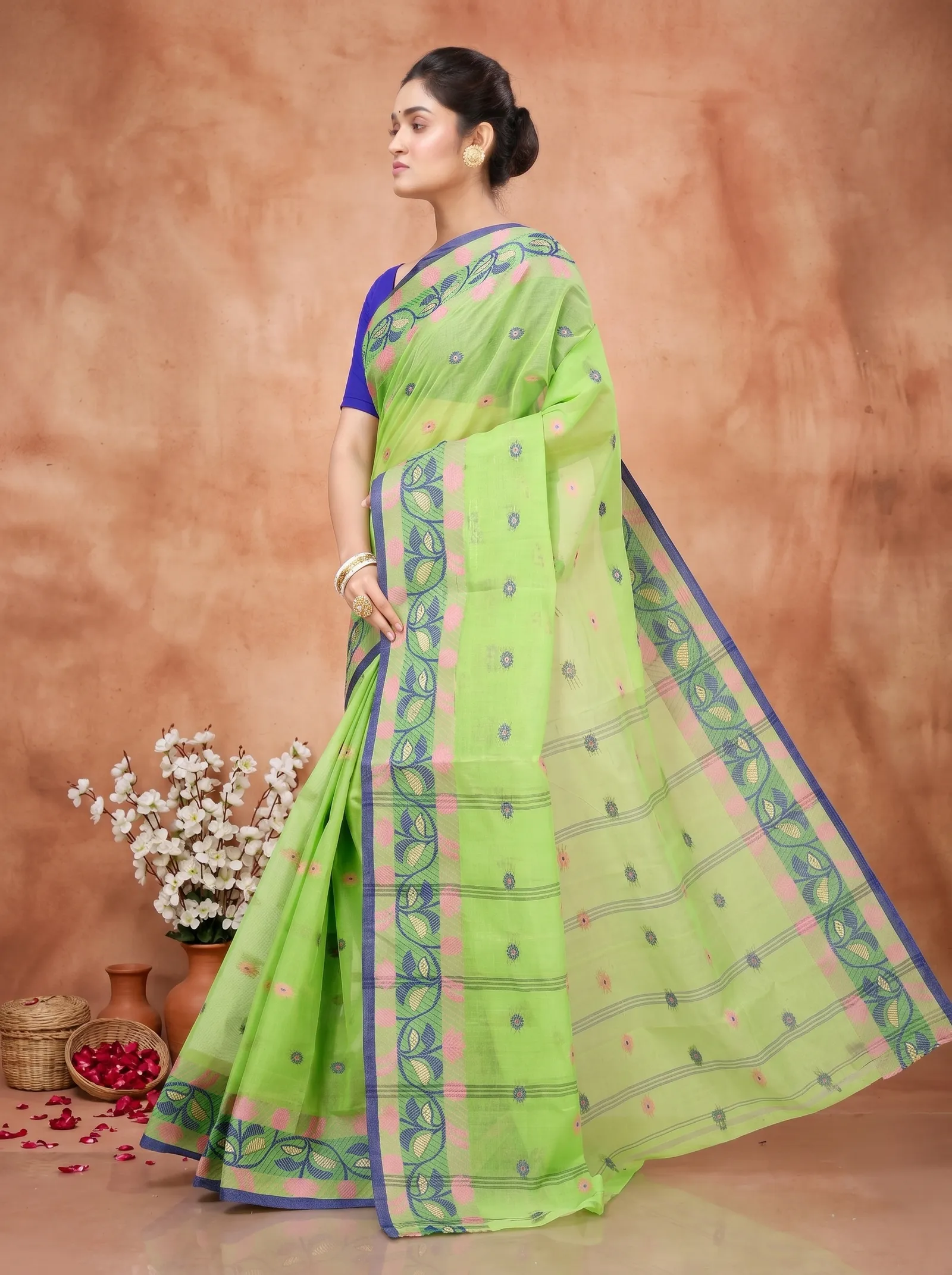 DipDiya Pure Cotton  Traditional Bengali Olive Green Artisan Crafted Govindi Tant Saree