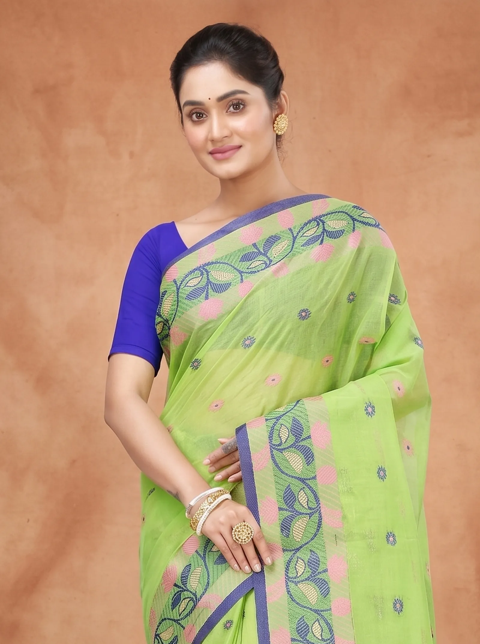 DipDiya Pure Cotton  Traditional Bengali Olive Green Artisan Crafted Govindi Tant Saree