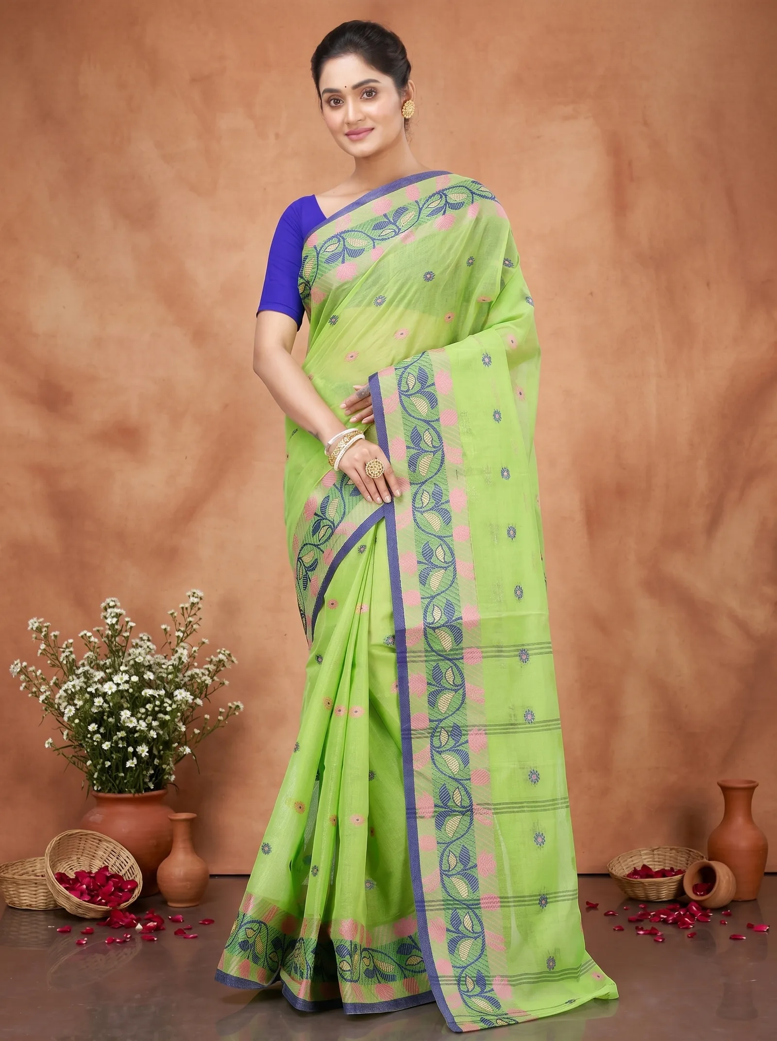 DipDiya Pure Cotton  Traditional Bengali Olive Green Artisan Crafted Govindi Tant Saree