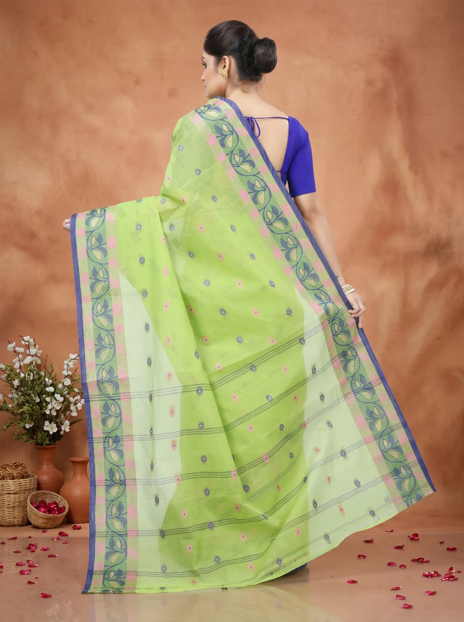 DipDiya Pure Cotton  Traditional Bengali Olive Green Artisan Crafted Govindi Tant Saree