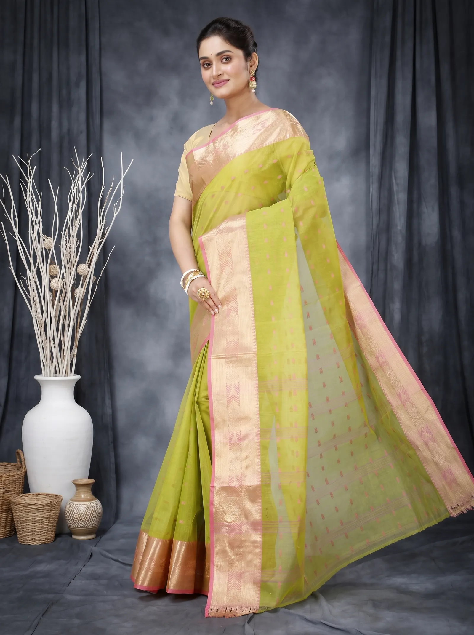 DipDiya Pure Cotton  Traditional Bengali Olive Green Artisan Crafted Griva Tant Saree