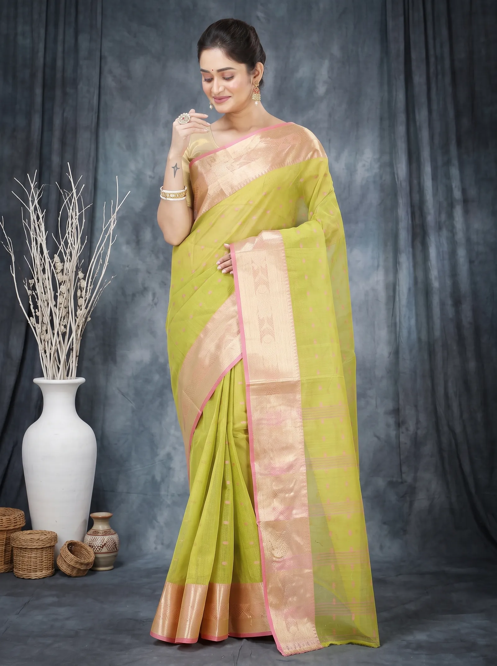 DipDiya Pure Cotton  Traditional Bengali Olive Green Artisan Crafted Griva Tant Saree