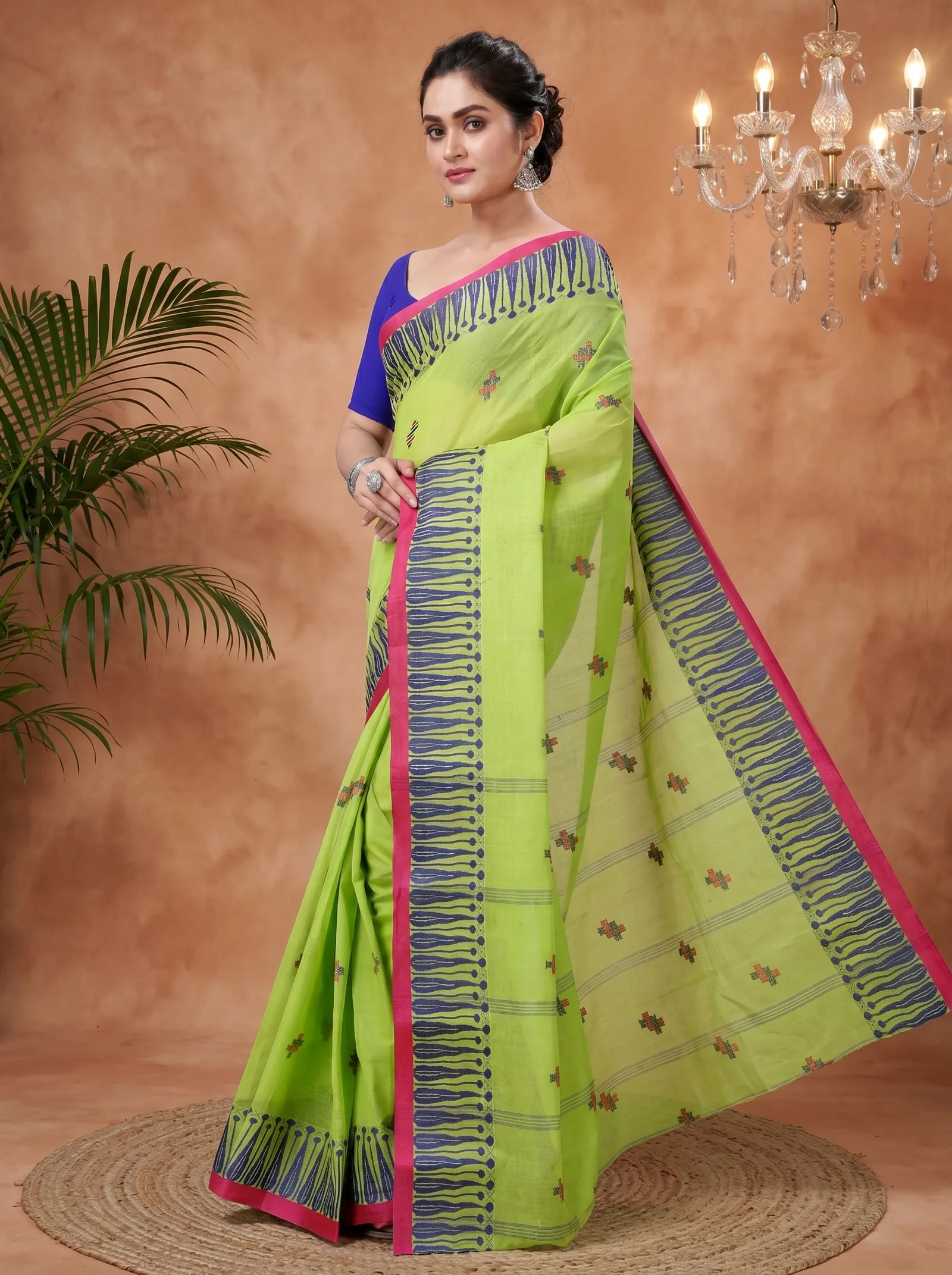DipDiya Pure Cotton  Traditional Bengali Olive Green Artisan Crafted Simar Tant Saree