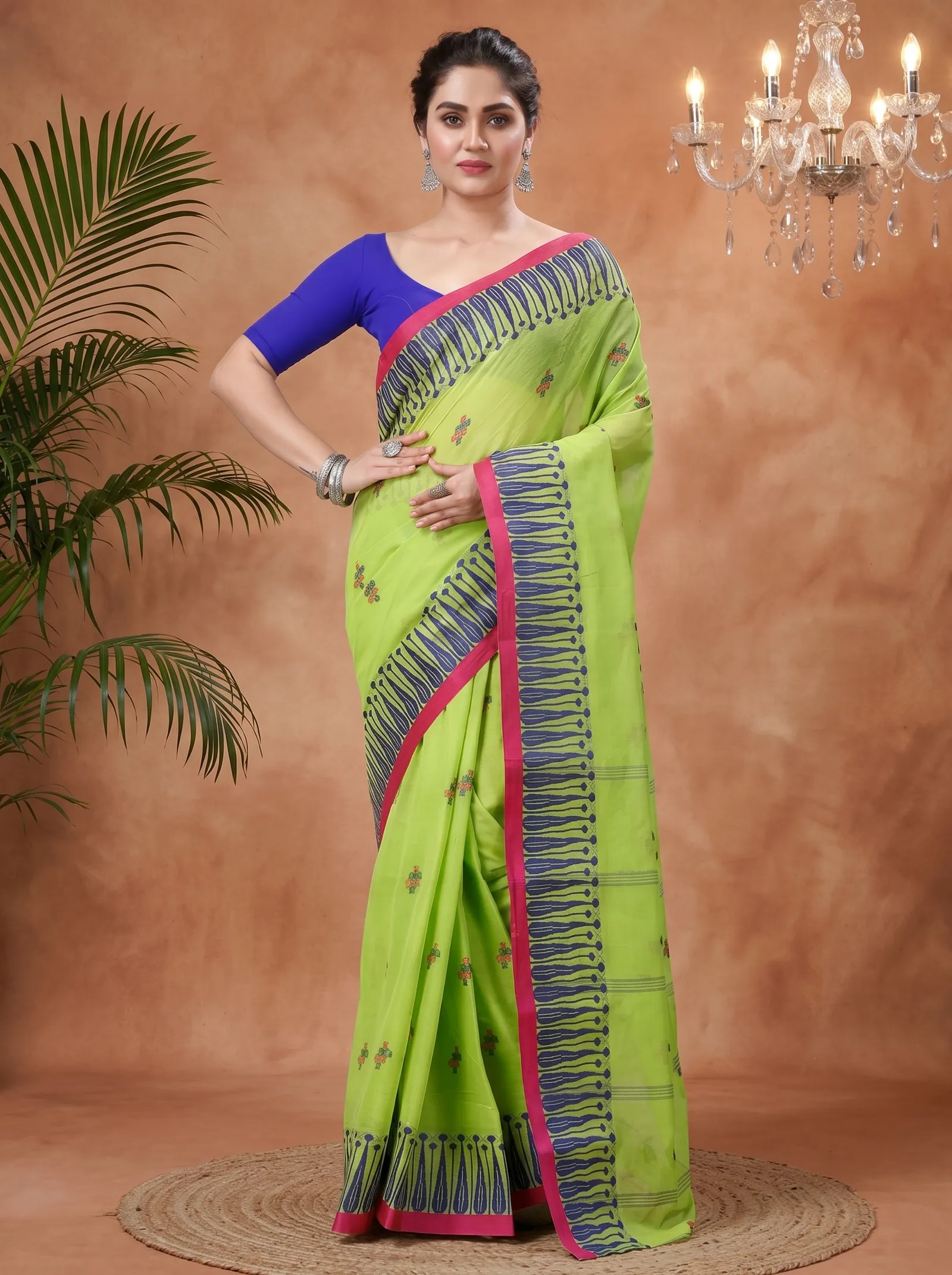 DipDiya Pure Cotton  Traditional Bengali Olive Green Artisan Crafted Simar Tant Saree
