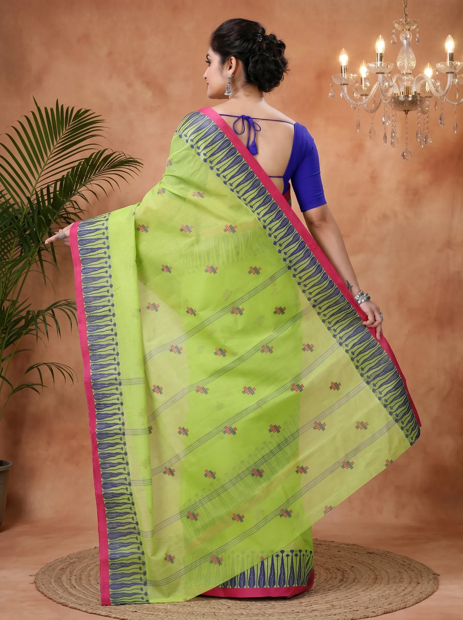 DipDiya Pure Cotton  Traditional Bengali Olive Green Artisan Crafted Simar Tant Saree