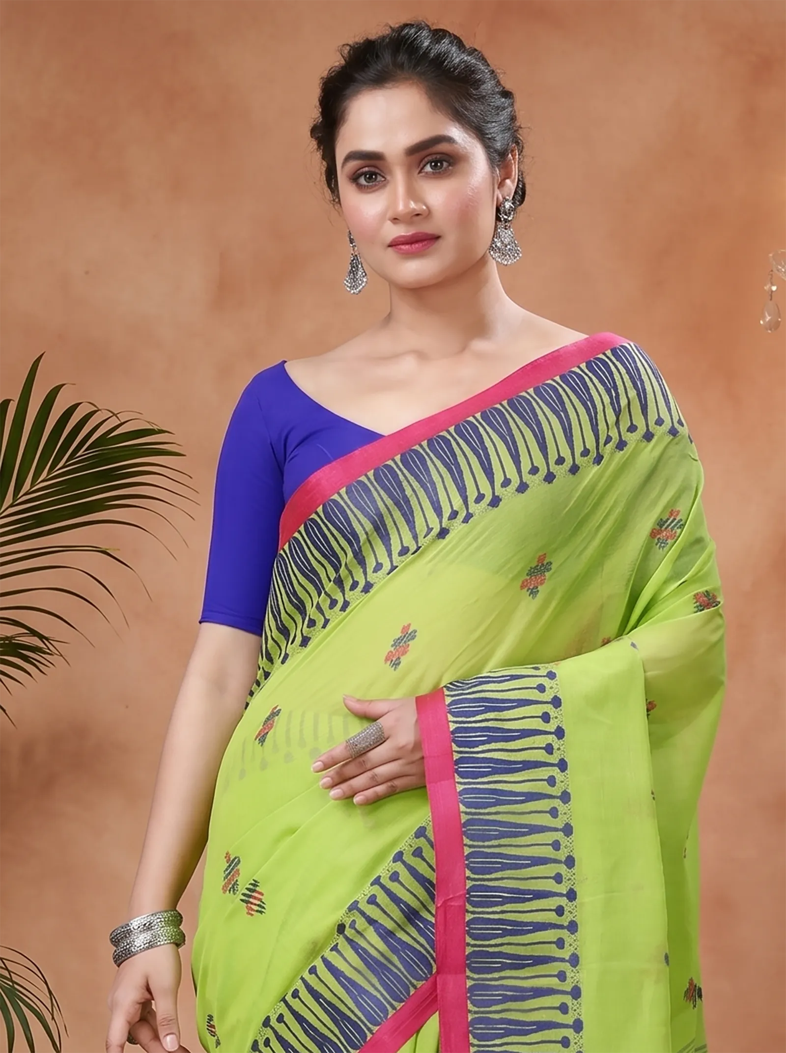 DipDiya Pure Cotton  Traditional Bengali Olive Green Artisan Crafted Simar Tant Saree