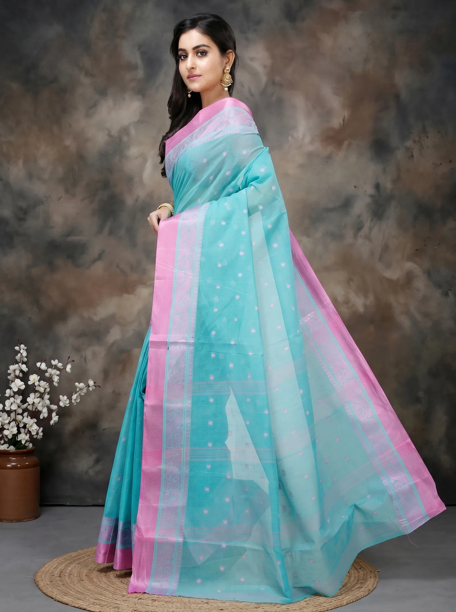 DipDiya Pure Cotton  Traditional Bengali Olive Green Artisan Crafted Sorbori Tant Saree