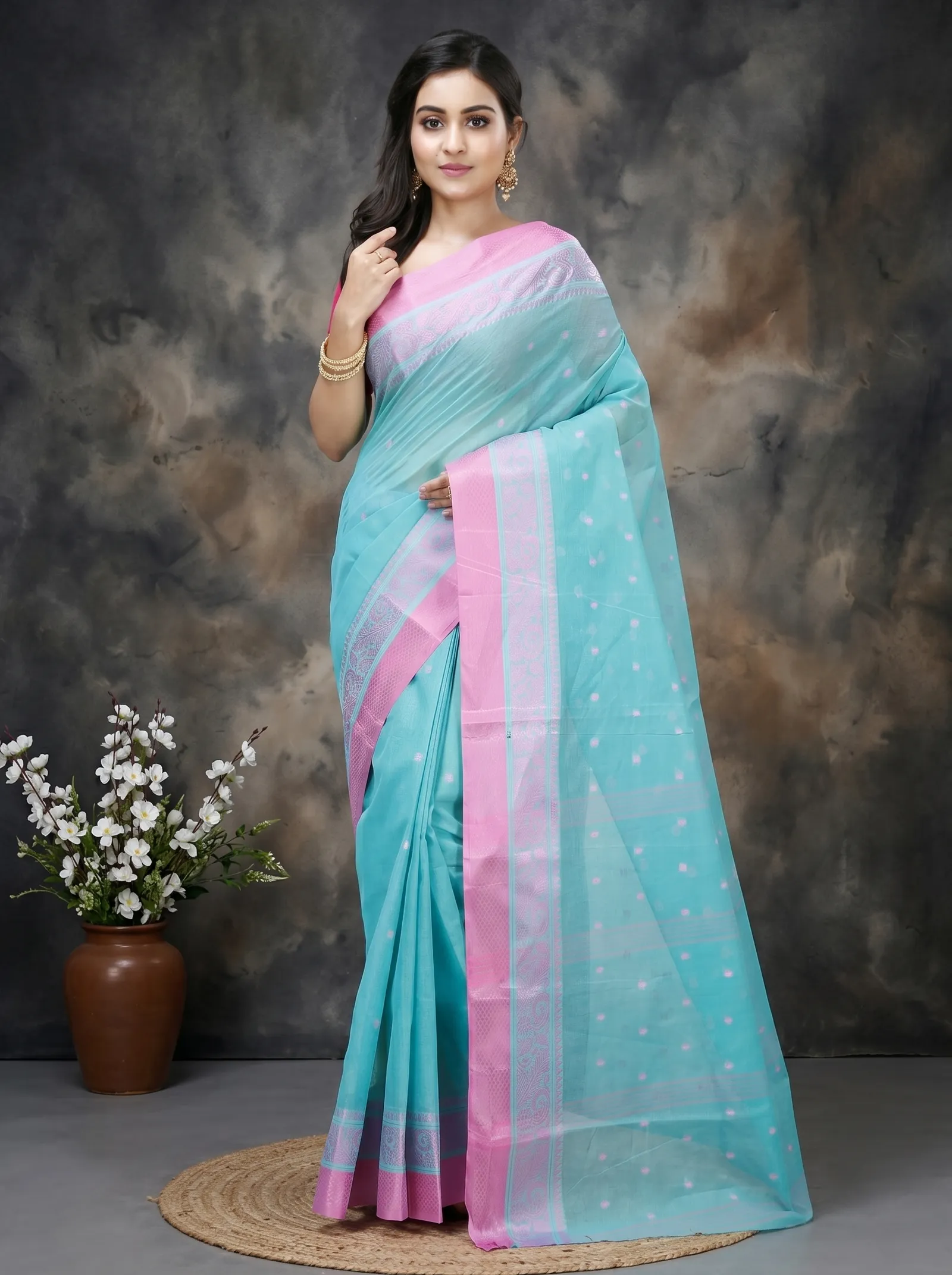 DipDiya Pure Cotton  Traditional Bengali Olive Green Artisan Crafted Sorbori Tant Saree