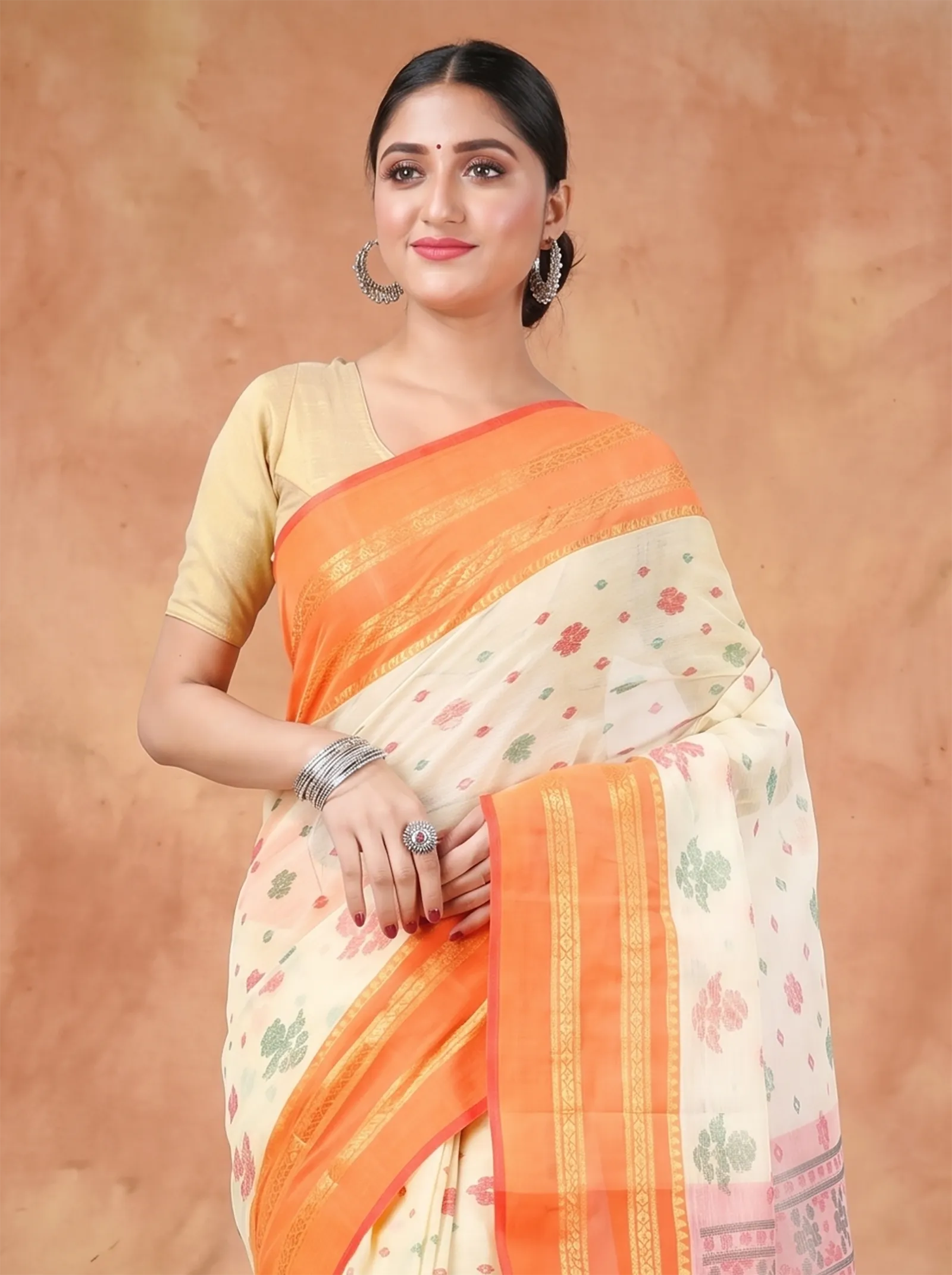 DipDiya Pure Cotton  Traditional Bengali Orange Artisan Crafted FullBall Print Printed Tant Saree