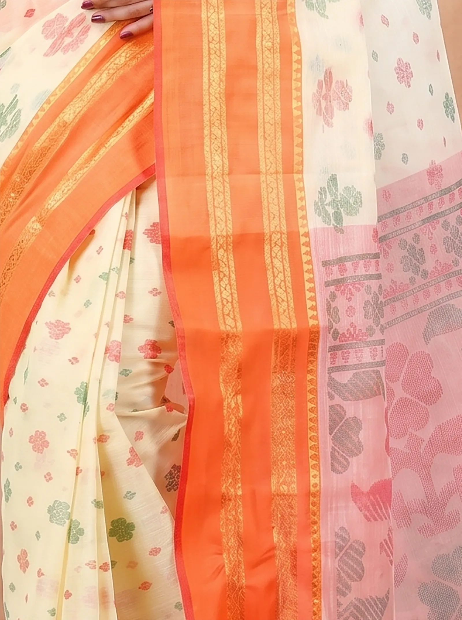 DipDiya Pure Cotton  Traditional Bengali Orange Artisan Crafted FullBall Print Printed Tant Saree