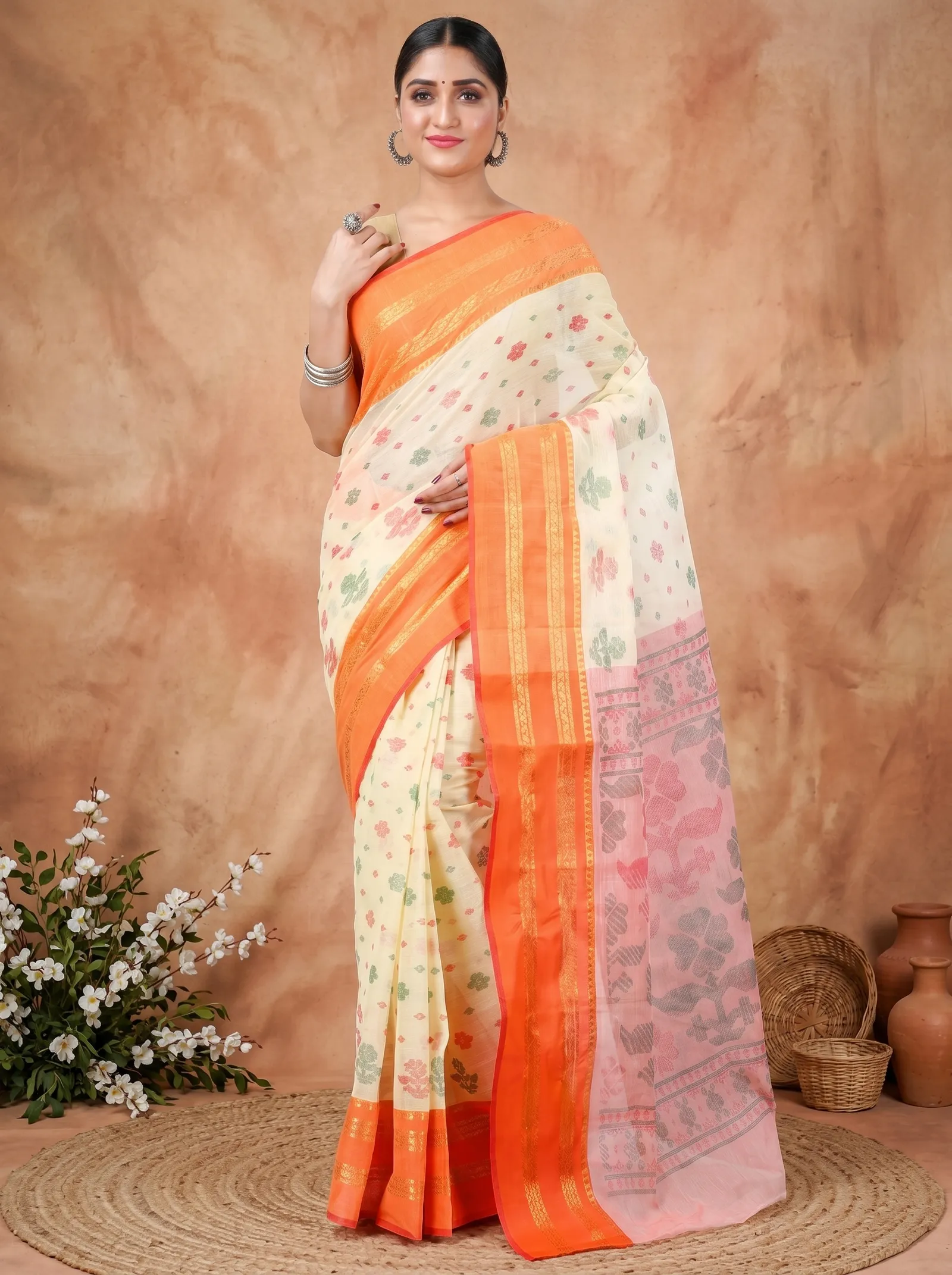 DipDiya Pure Cotton  Traditional Bengali Orange Artisan Crafted FullBall Print Printed Tant Saree