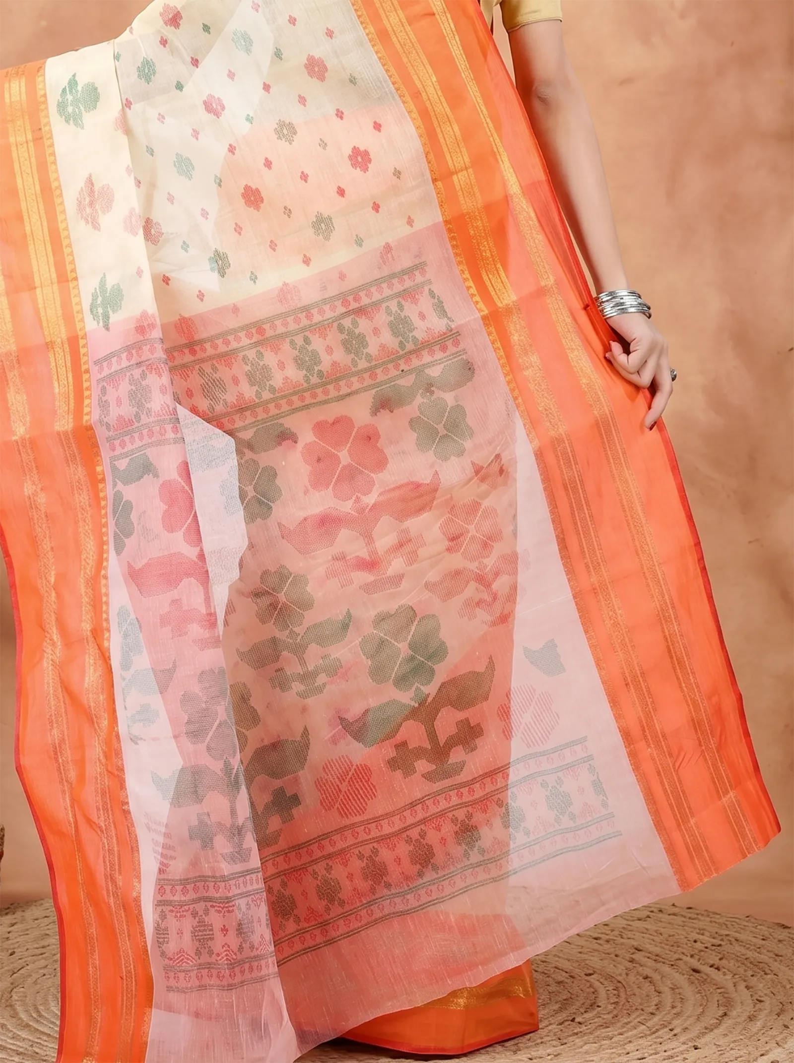 DipDiya Pure Cotton  Traditional Bengali Orange Artisan Crafted FullBall Print Printed Tant Saree