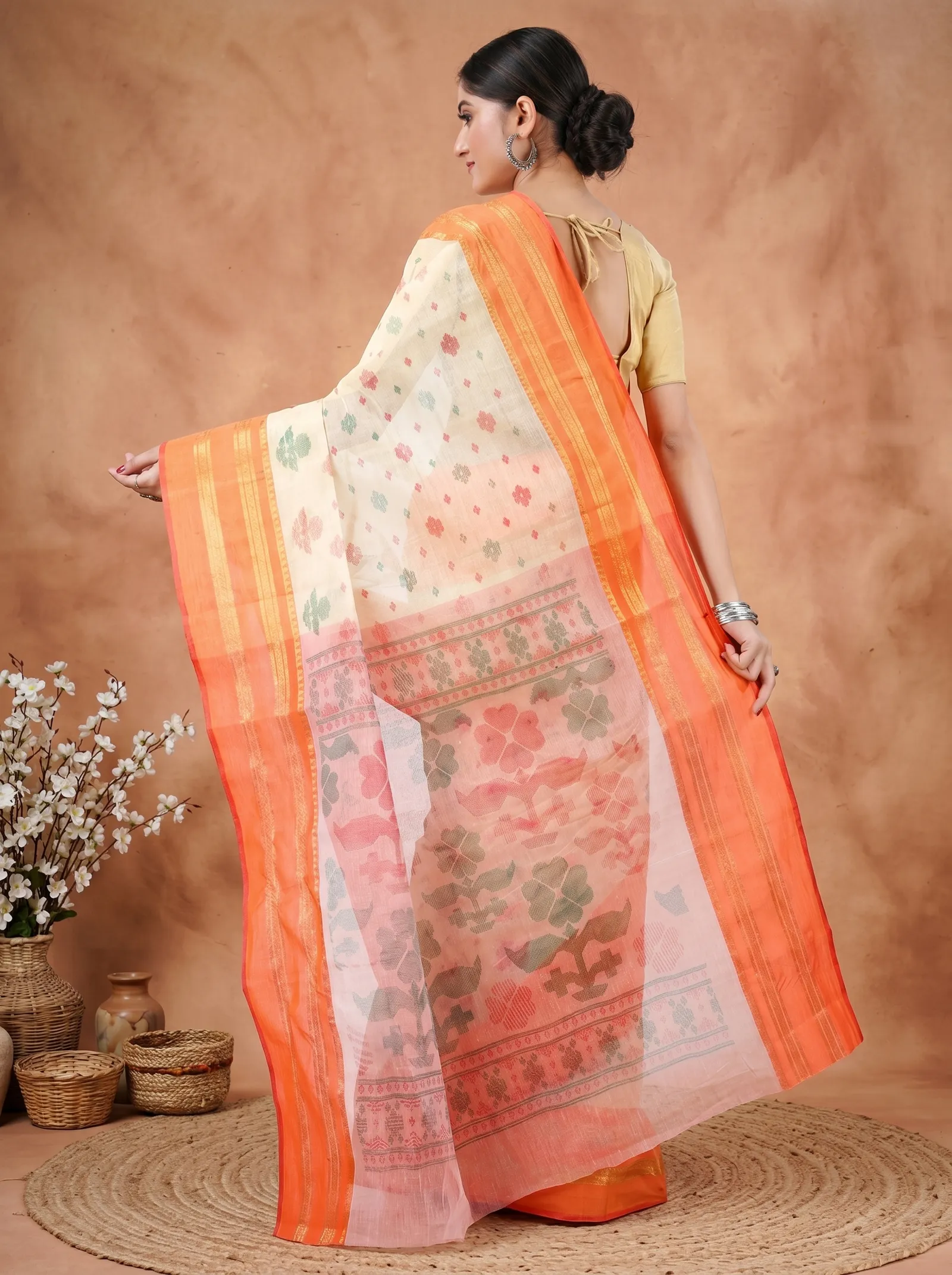 DipDiya Pure Cotton  Traditional Bengali Orange Artisan Crafted FullBall Print Printed Tant Saree